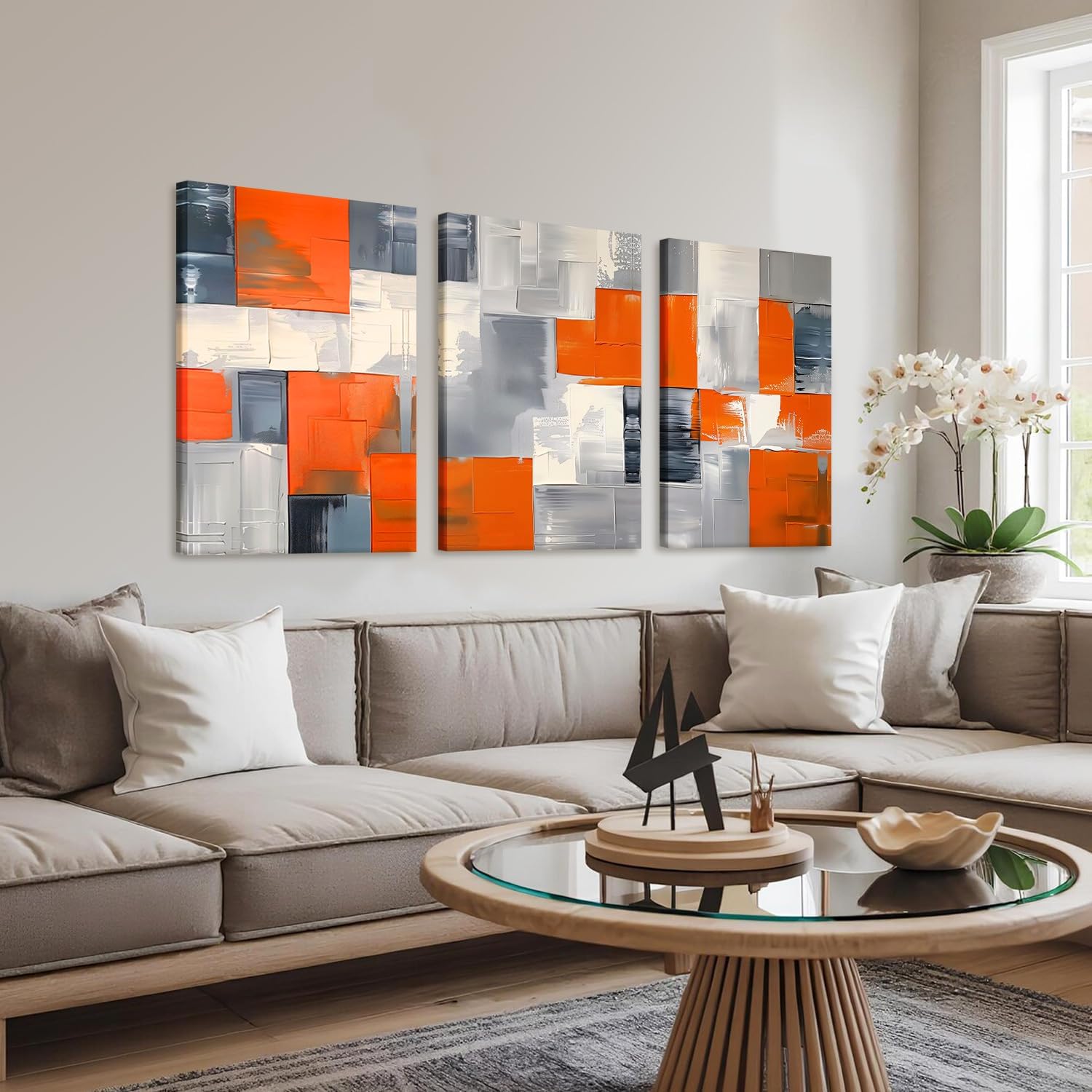 AUUAUU 3 Pcs Abstract Canvas Wall Art Modern Geometric Posters Prints Orange Grey and White Art Wall Decor 12x16 Inch Framed Abstract Textured Brush Stroke Painting for Living Room Bedroom Office