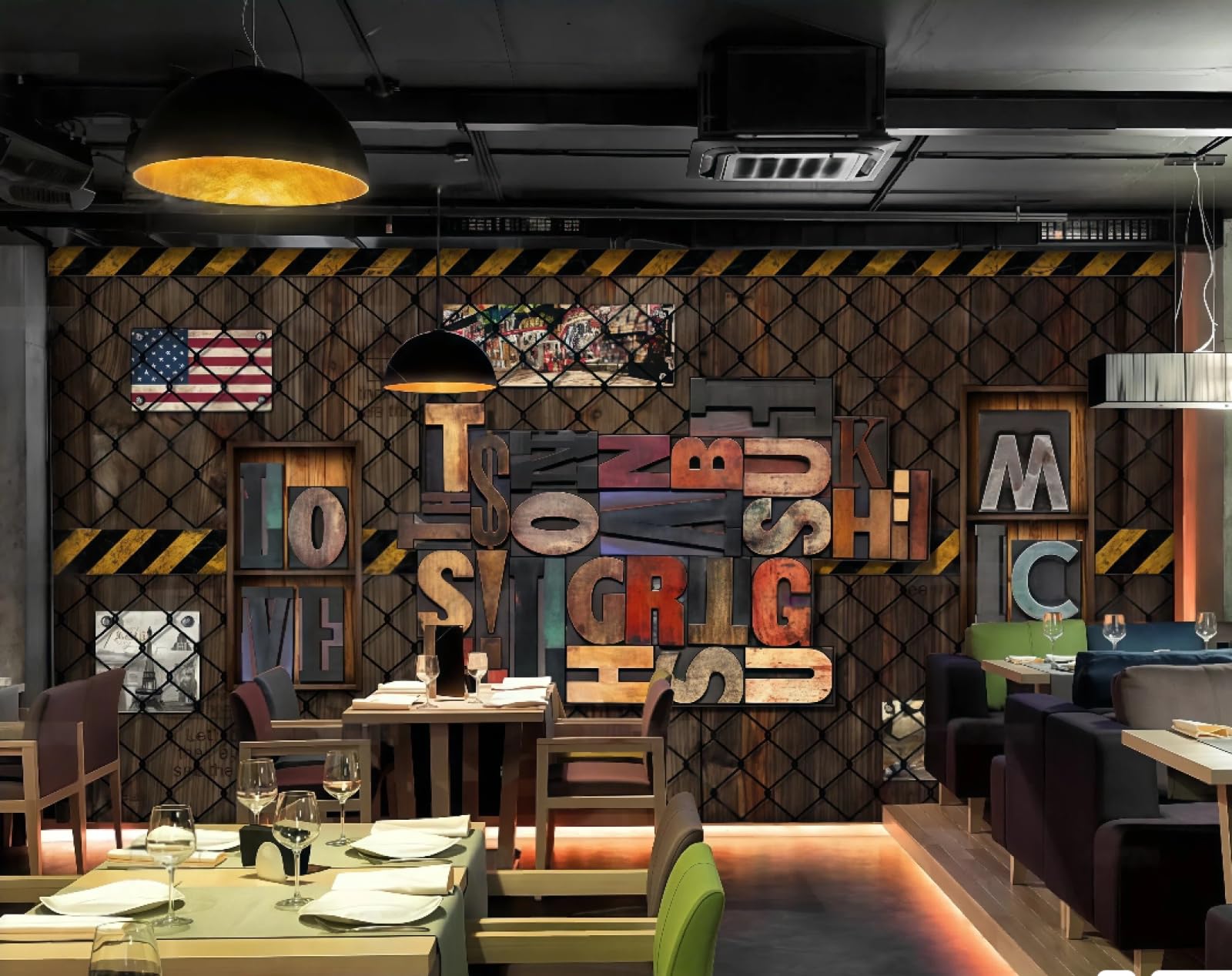 Tapeta nostalgiczny retro drut kolczasty angielskie litery muzyka bar drink sklep zachodnia restauracja tło fototapeta popołudniowa herbata kawiarnia tapeta 3D, 400 x 280 cm