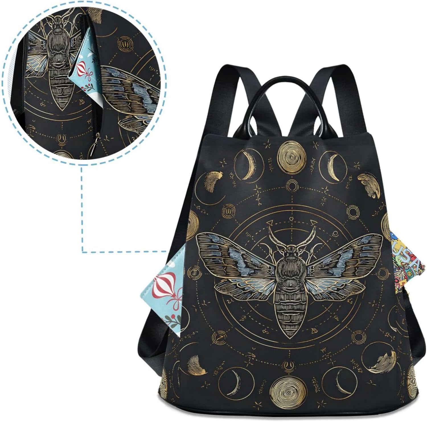 Retro Moon Phase Moth Backpack Purse for Women Lightweight Small Shoulder Bag Back Pack with Anti Theft Zippers Handbag Daypack