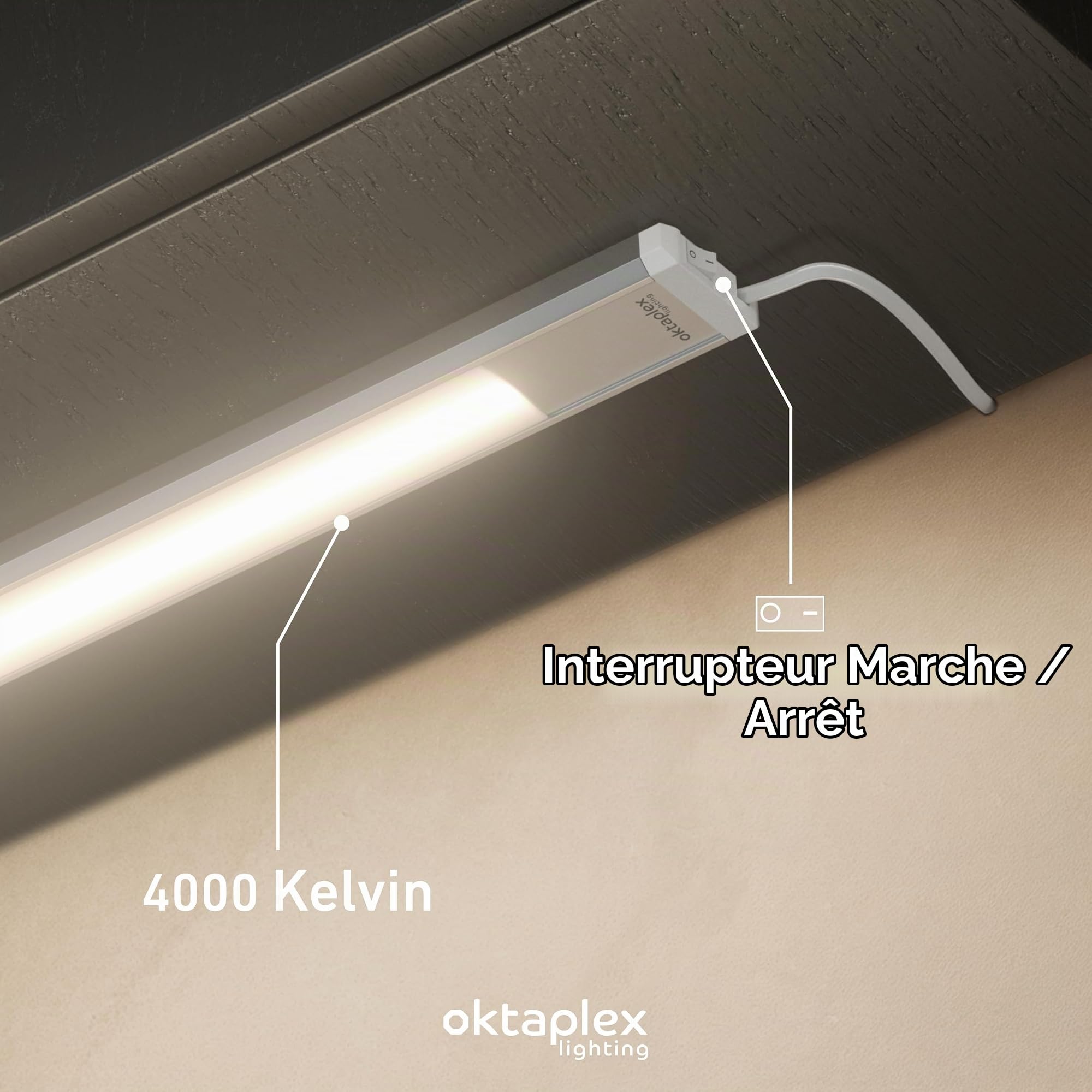 Oktaplex lot de 1 Riva réglette LED cuisine 120 cm | 15 W avec 1150 lm en blanc neutre 4000K sur 230V, aluminium, avec interrupteur
