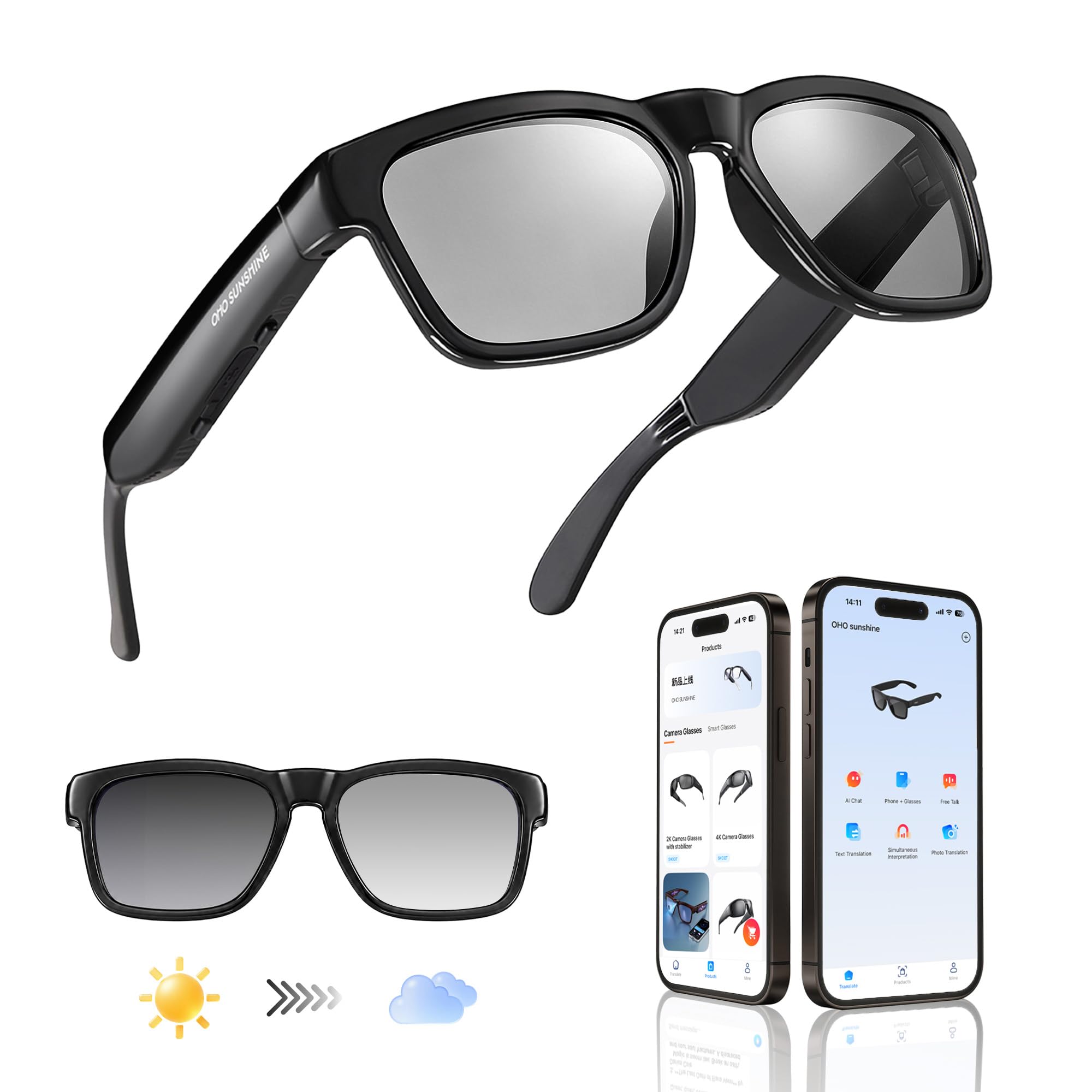 OhO Sunshsine Lunettes de soleil AI avec Bluetooth Audio avec 10 heures de lecture, traduction ChatGPT et lunettes à oreilles ouvertes résistantes à l'eau