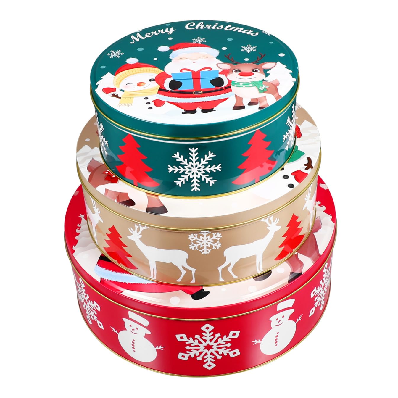 YARNOW Lot de 3 Boîtes à Biscuits de Noël Rondes en Métal avec Couvercles, pour Conserver Bonbons, Biscuits, Friandises Et Cadeaux