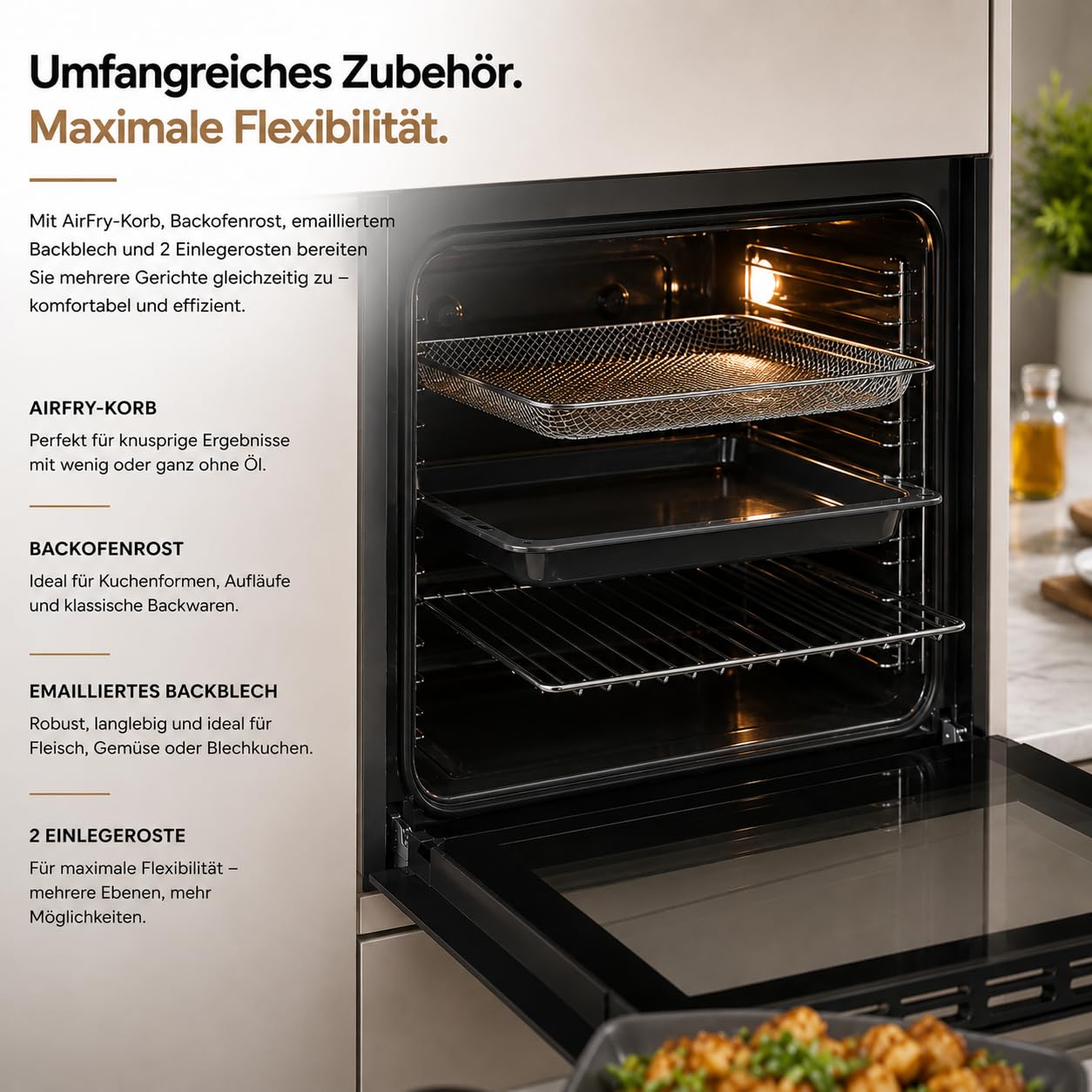 Einbaubackofen 60 cm mit Air Fry, 73 Liter, A+, Steam Clean, Heißluft, Pizza Funktion, Digitaldisplay, 3000 Watt
