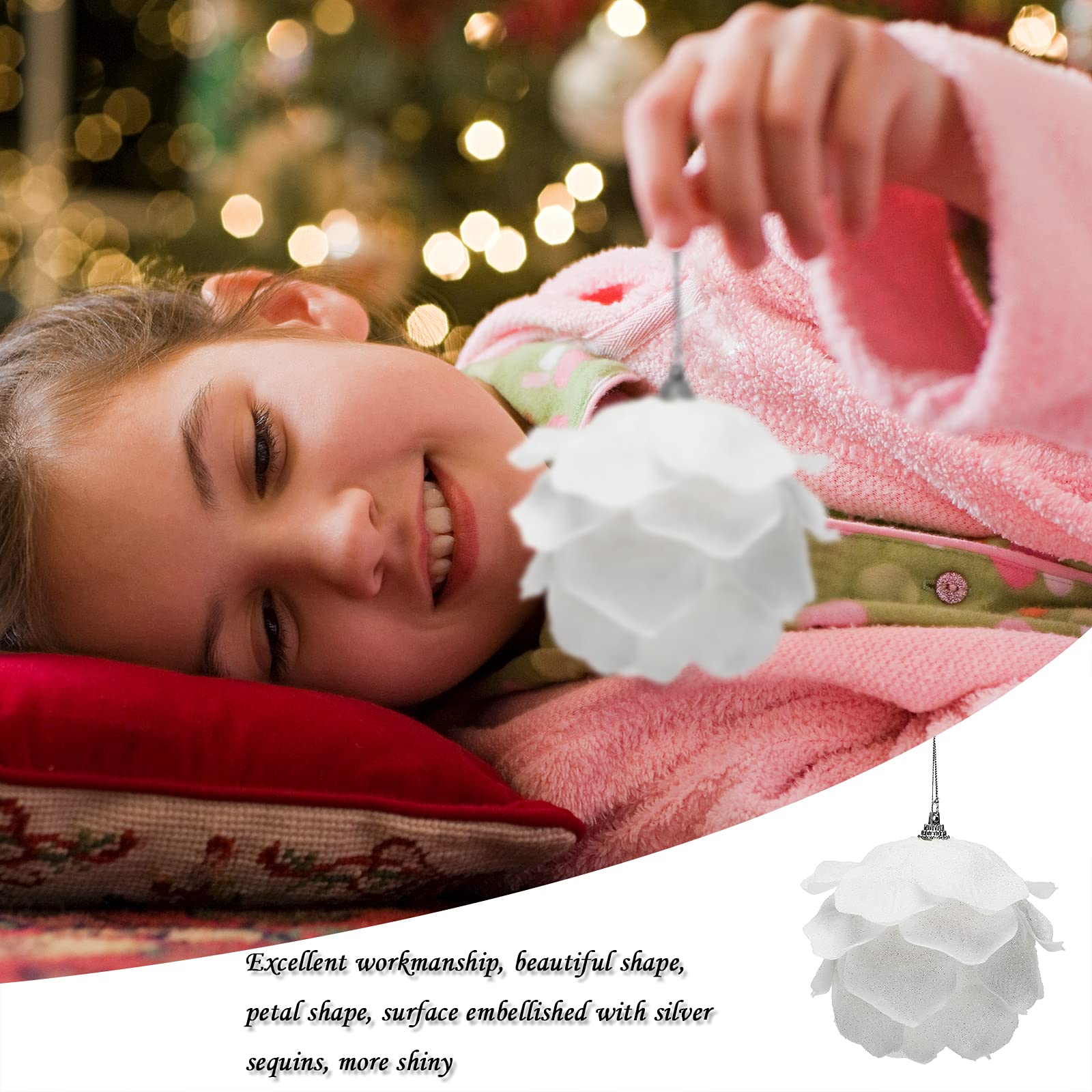 Bolas de Navidad, suministros de decoración, 6 piezas colgantes de bolas de Navidad, bolas colgantes de espuma con purpurina blanca como la nieve de 3,9 pulgadas con pétalo, adornos de bolas de árbol