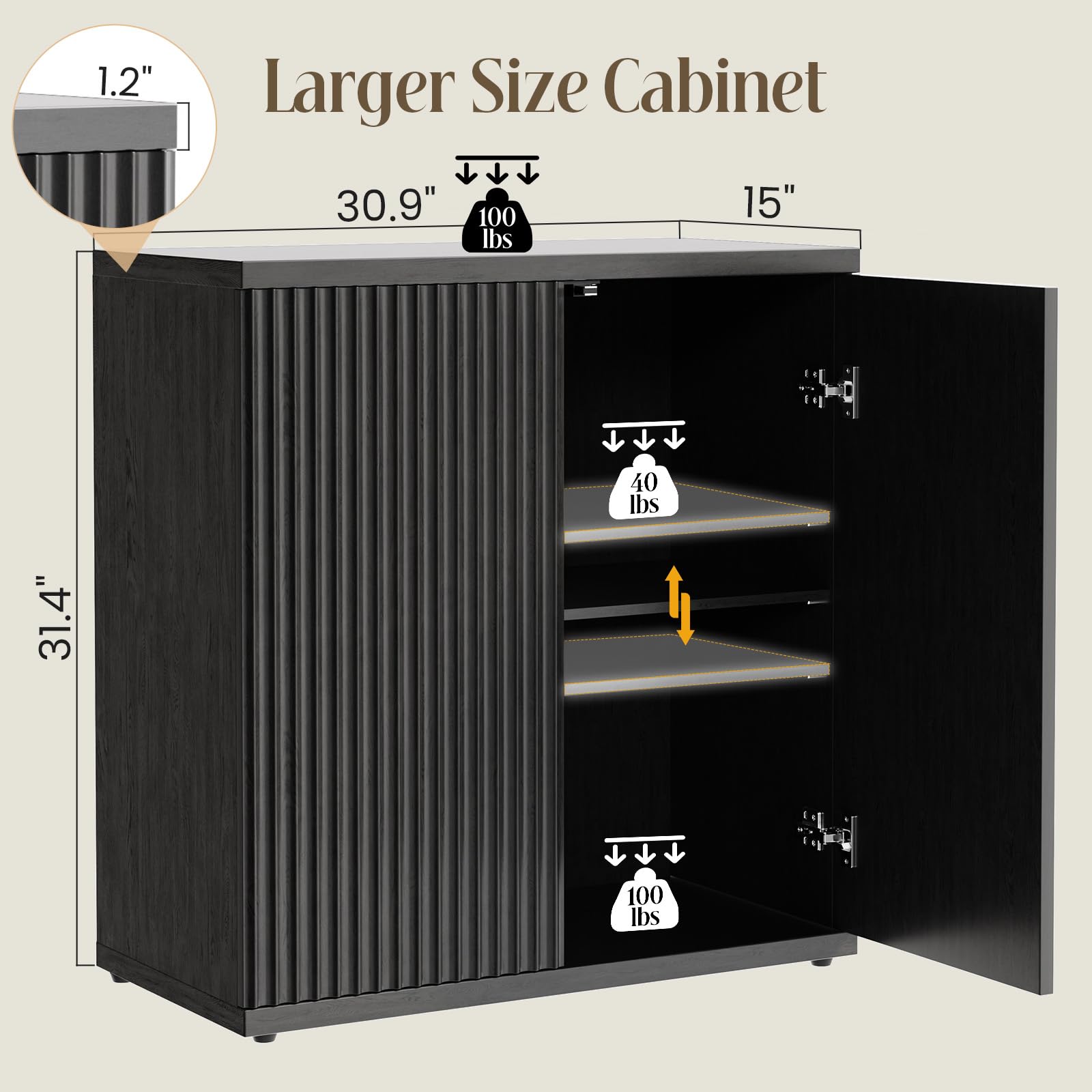 Condition photo showing New/Like New for Fluted Buffet Cabinet Sideboard with Storage,Wooden Credenza with 2 Doors&Adjustable Shelve, Modern Accent Cabinets Coffee Bar Bookcase for Living Room,Kitchen Dining Room Entryway 15"D Black