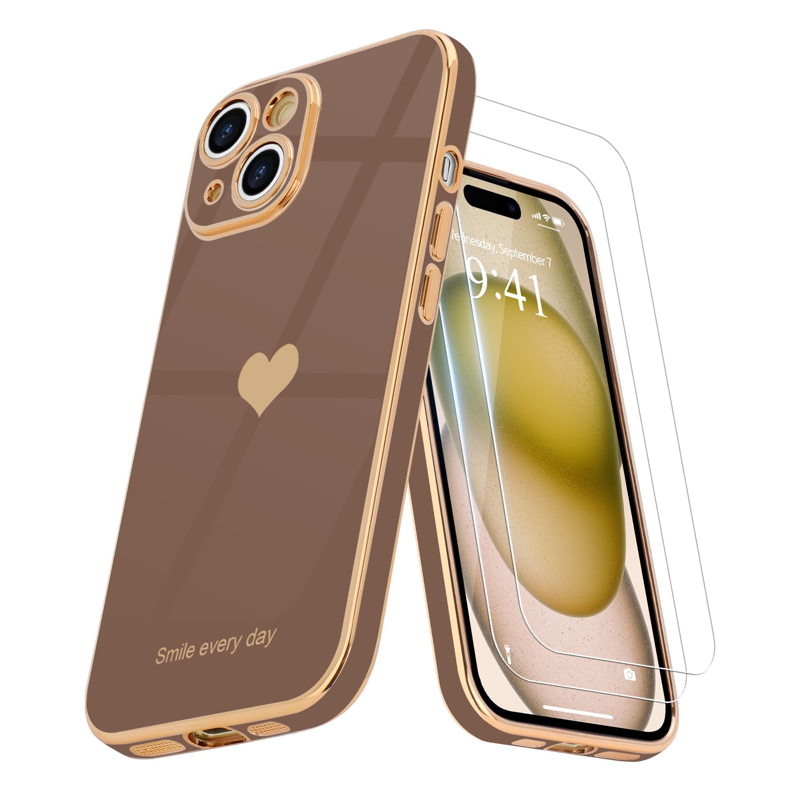 Teageo for iPhone 15 Plus Case with Screen Protector [2 Pack] for Girl Women Cute Girly Love-Heart Luxury Cover Camera Protection Silicone Shockproof