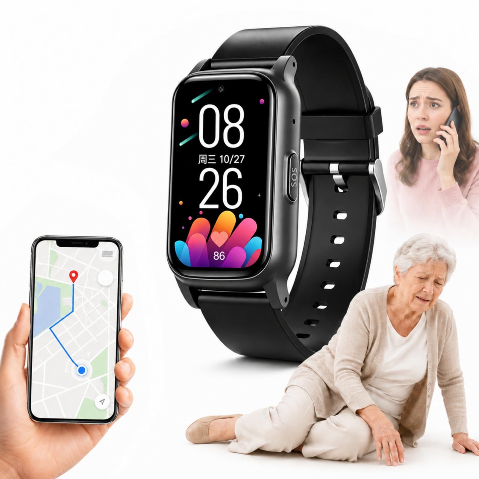 Localizzatore GPS Anziani con Smartwatch 4G, Scheda SIM, SOS, Chiamata Emergenza, Rilevamento Caduta, Promemoria Personalizzati Black