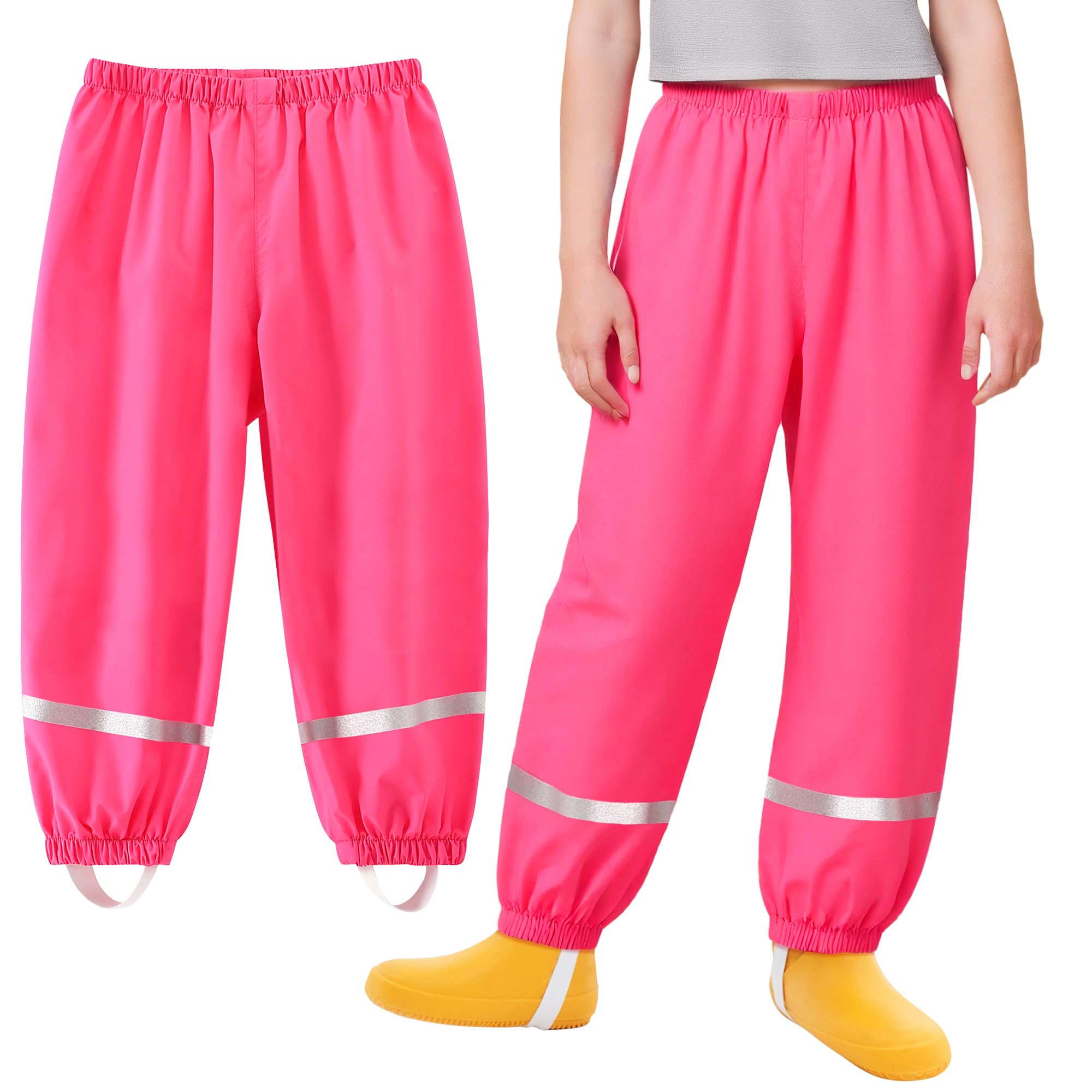Waadbroek voor kinderen, verstelbare regenbroek, ademende softshellbroek, lichte broek, waterdichte outdoorbroek, winddicht, met reflecterende uniseks regenjas voor meisjes en jongens, roze, 10-12