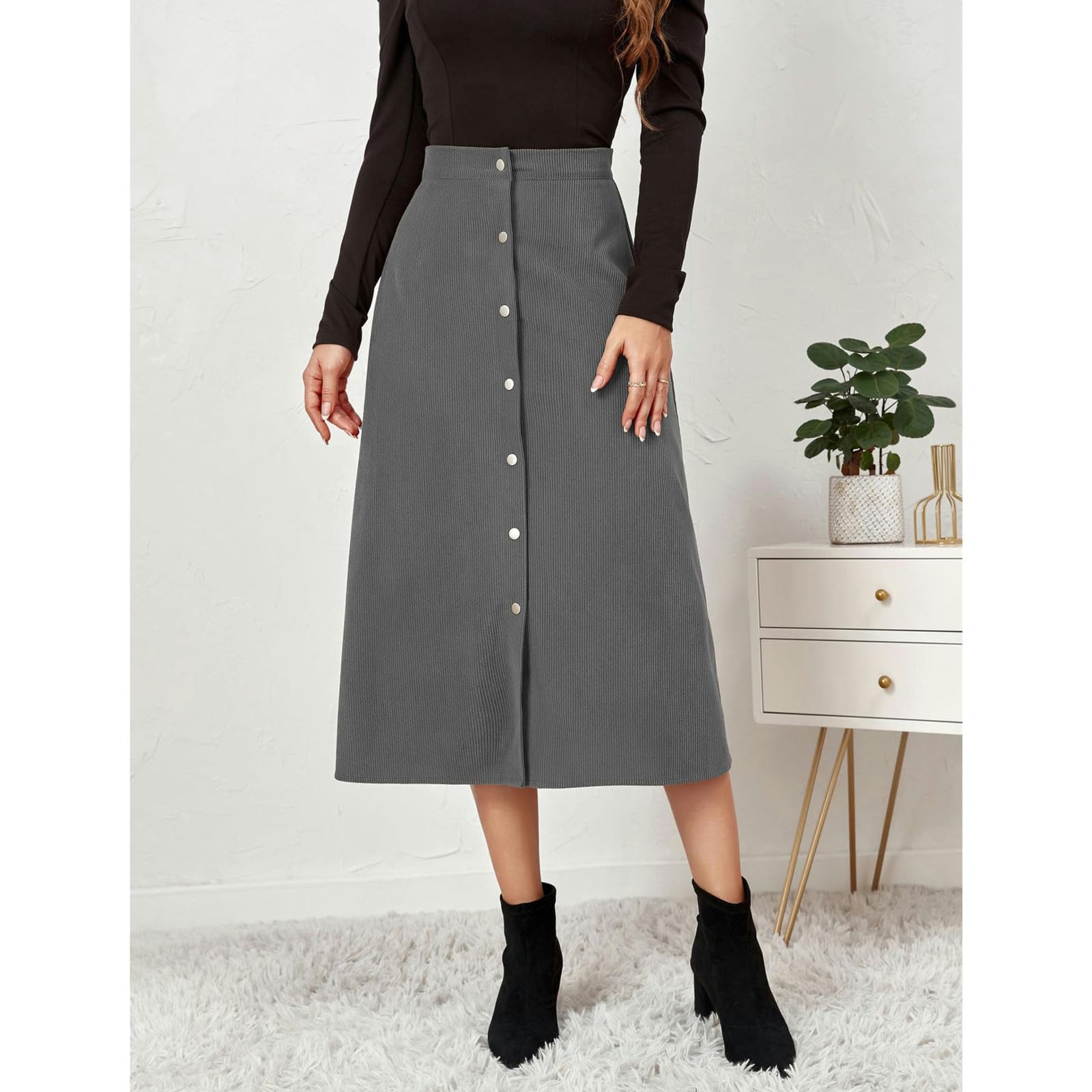 Röcke Einreihiger Langer Cordrock Mit Hoher Taille Für Damen – Stilvolle Und Elegante Damenröcke Für Herbst Winter-Khaki-XL