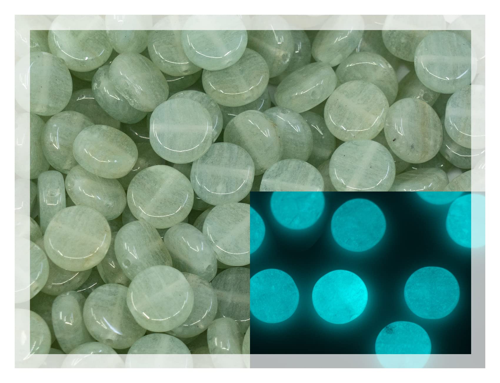 0.88oz (ab. 70pcs) Flat Round Coin 1-Hole Glass Beads, 0.31 inch (8mm), Czech Republic, Dirty Green - Glow in The Dark Bright Blue — image 1