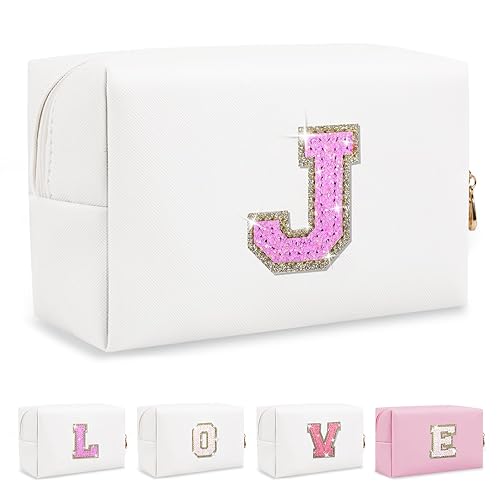 Miniatura 369 de Bolsa de maquillaje personalizada con inicial A-Z Preppy Patch, pequeña bolsa de cosméticos de PU con letra de chenilla y cierre para niñas Negro