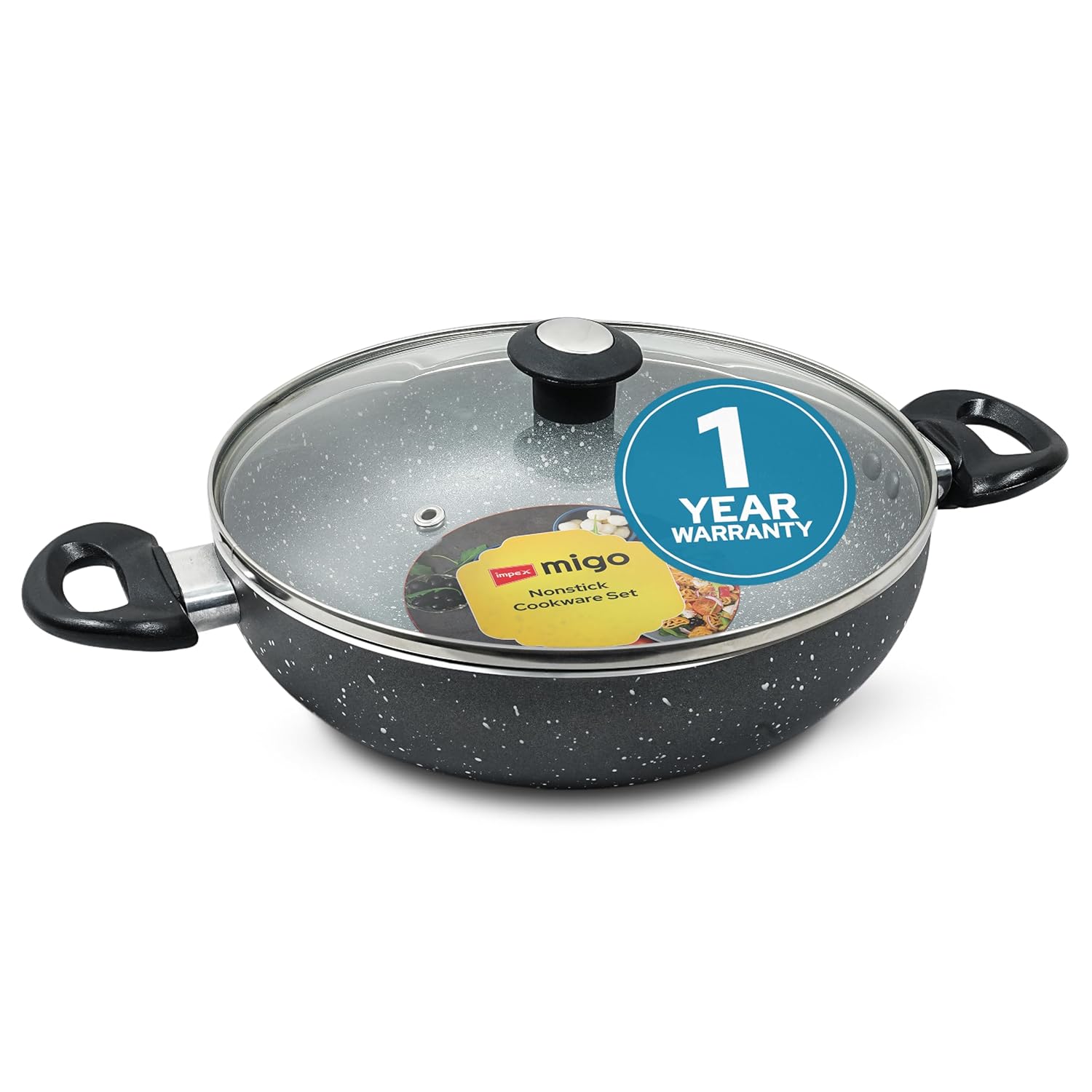 Impex Nonstick Aluminium Kadai Pan with Glass Lid Non Stick Cookware with Induction Base and Heatproof Handles | PFOA Free | Heat Resistant Exterior Paint (Grey, 24 Cm) Impex Nonstick Aluminium Kadai Pan with Glass Lid Non Stick Cookware with Induction Base and Heatproof Handles | PFOA Free | Heat Resistant Exterior Paint (Grey, 24 Cm)