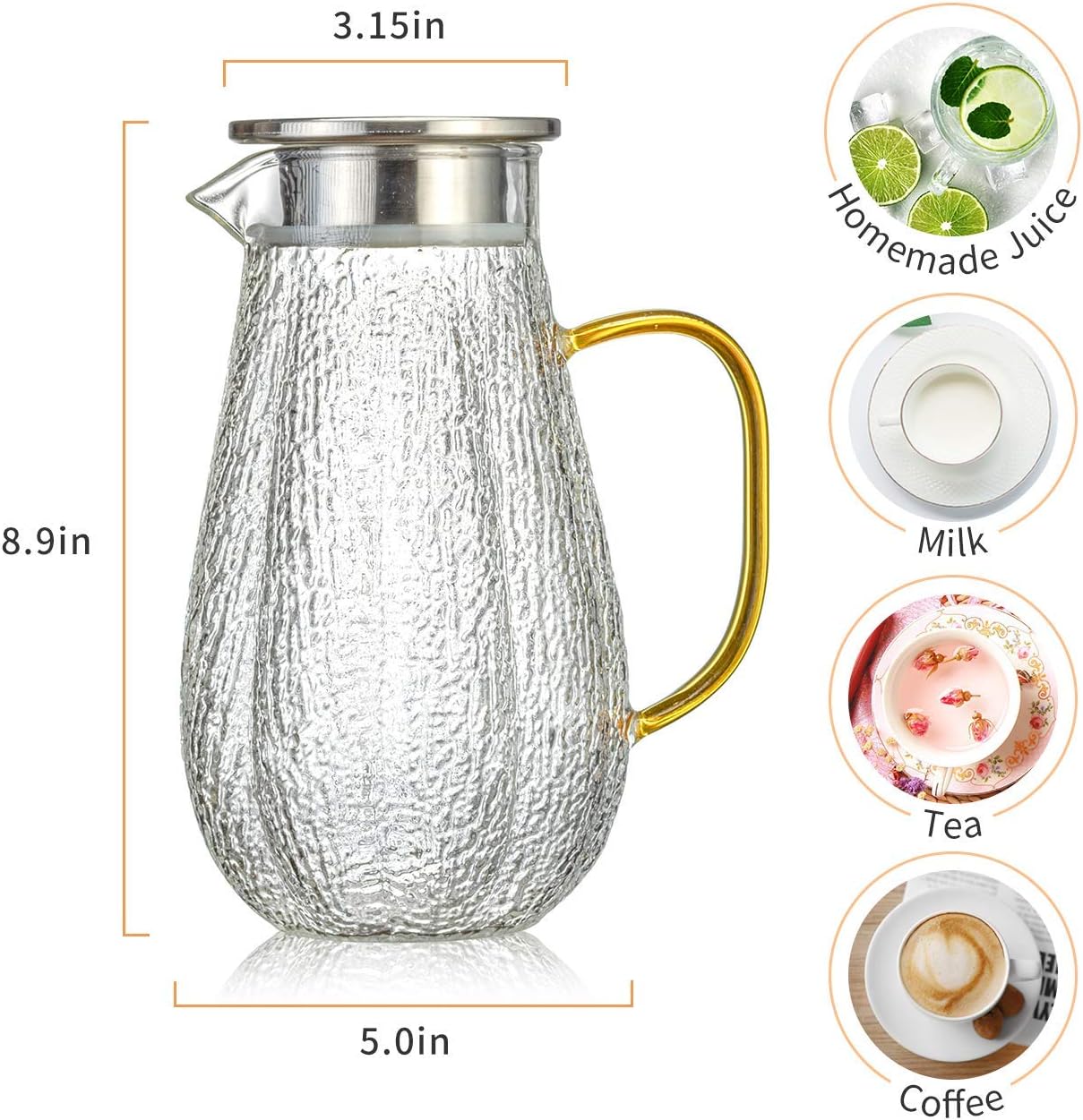 Super Brands Hihuos glass pitcher (1.6 L) with stainless steel lid，Pumpkin-shaped high heat resistant water pitcher for homemade juices, hot and cold tea or milk