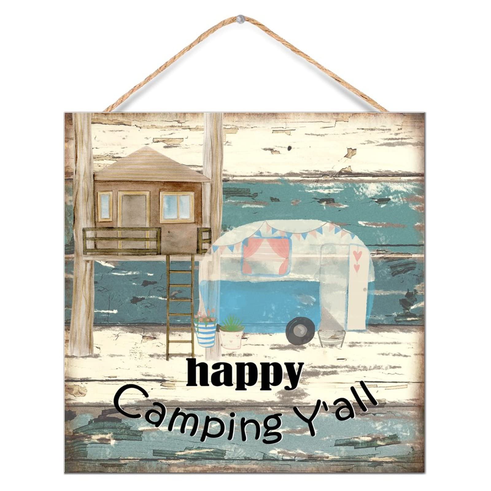 Cartel motivacional de madera Happy Camping decoracion habitacion rústica y acogedora