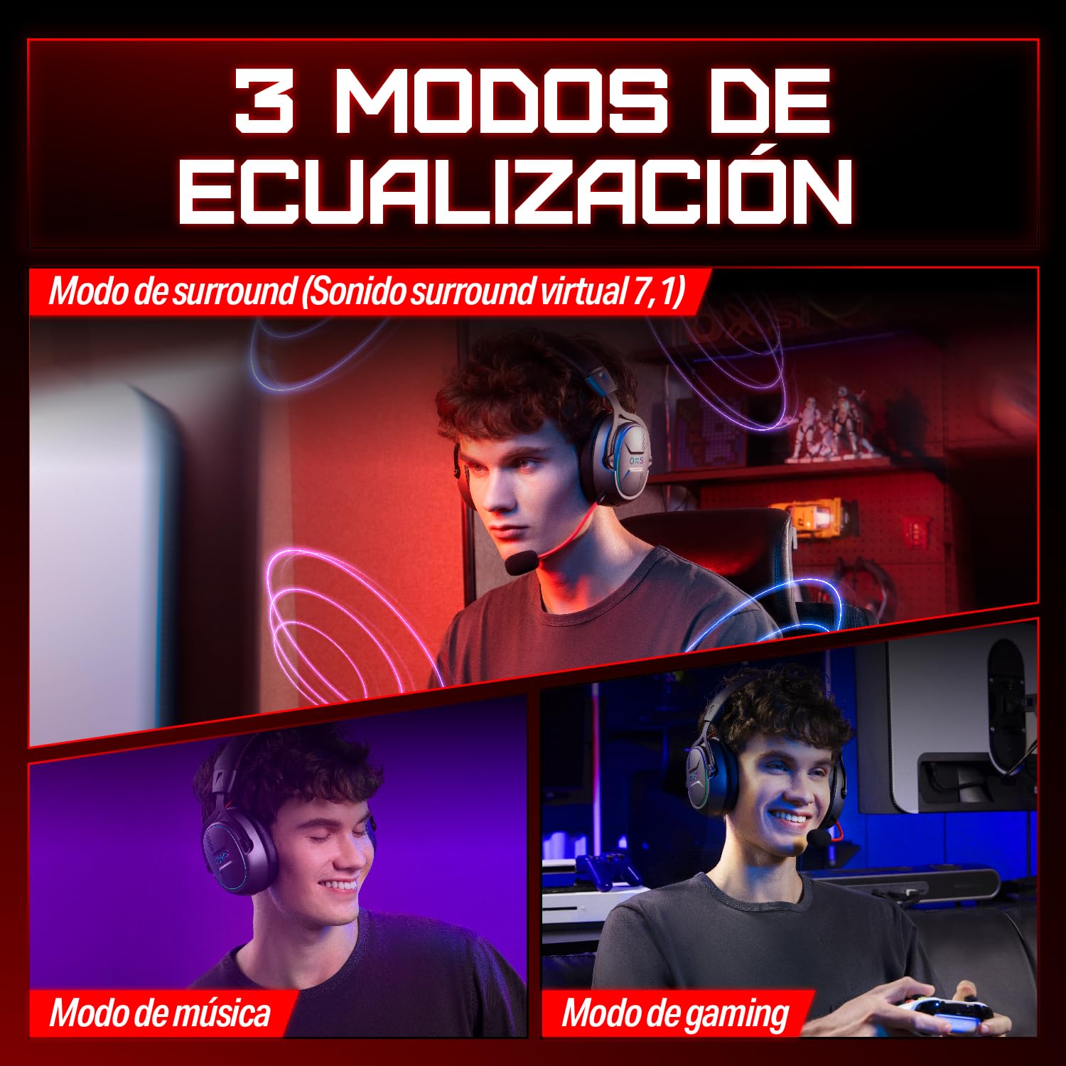 OXS Storm G2 Auriculares Inalámbricos para Gaming, Sonido Surround Virtual 7,1, Baja Latencia de 2,4 GHz, Driver de 50 mm, 40 Horas de Autonomía, luz RGB, Bluetooth 5.3, para PC, Consola y Teléfono