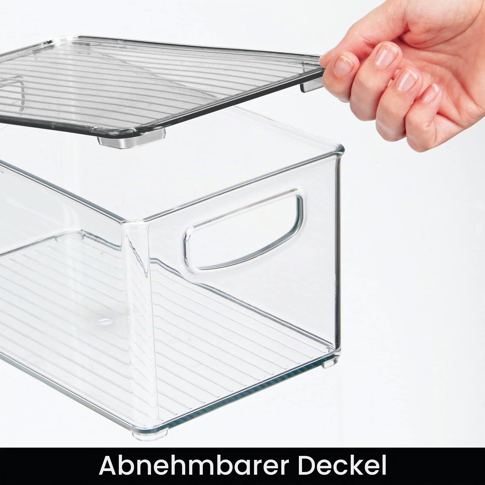 mDesign 4er-Set Aufbewahrungsbox mit Griffen – Kühlschrankbox mit Deckel zur Lebensmittelaufbewahrung – Ablage aus BPA-freiem Kunststoff für den Küchen- oder Kühlschrank – durchsichtig und grau