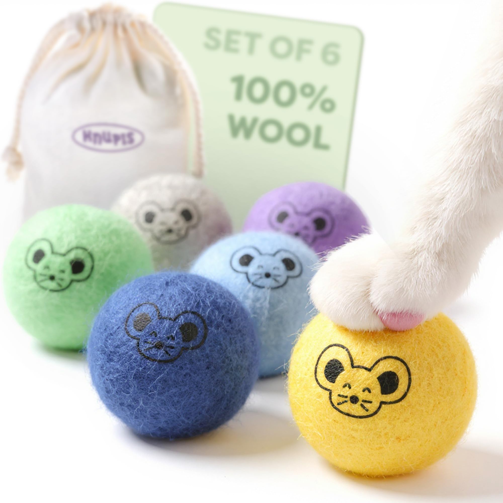 Knupis Felt Balls for Cats - 6 Balls Cotton - Sustainable Cat Toy with Bright Colours - Includes Storage Bag