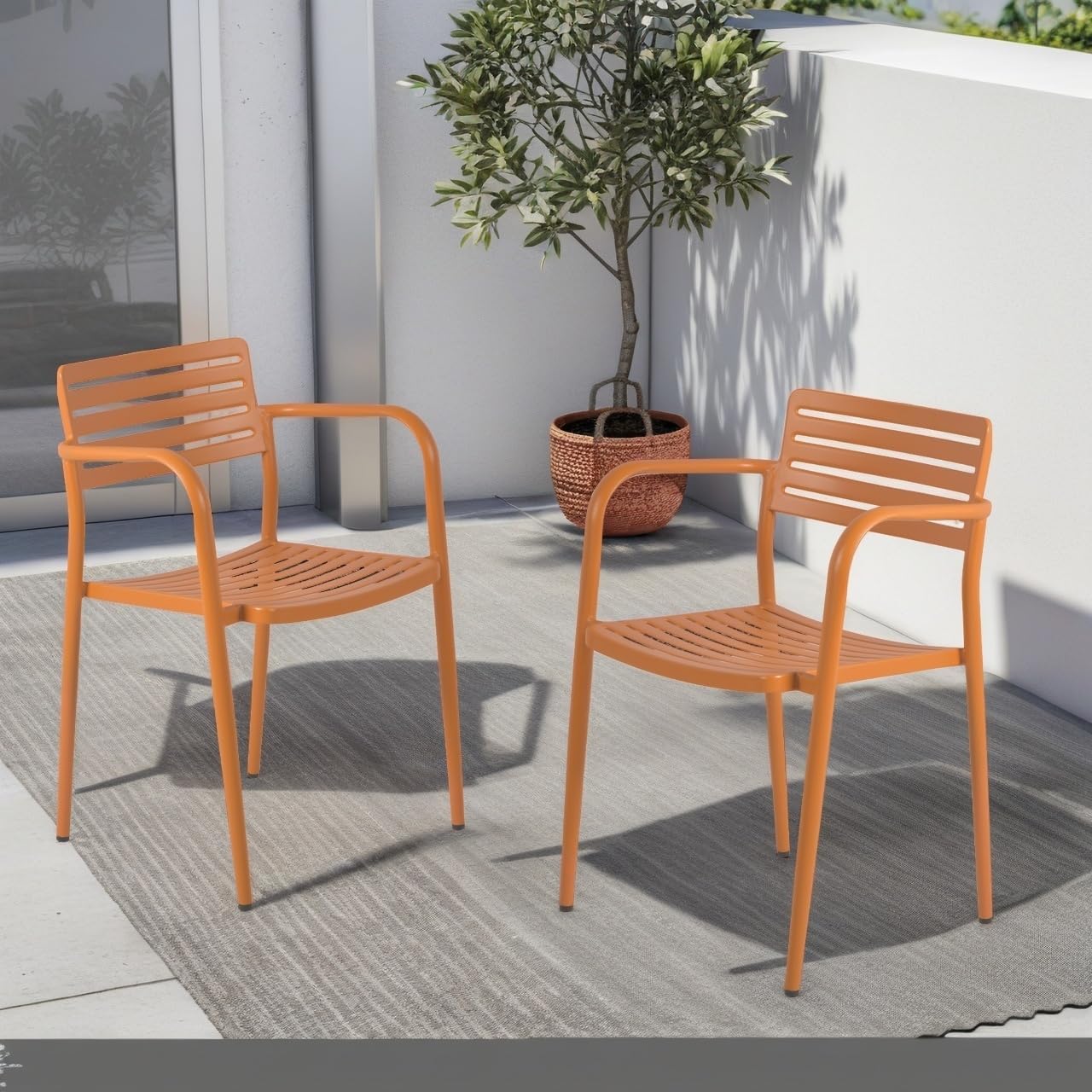 White Metal Outdoor Patio Dining Chairs with Armrests, Modern Slatted Design, Weather Resistant, Set of 2, 21.2 x 19.2 x 31 Inches