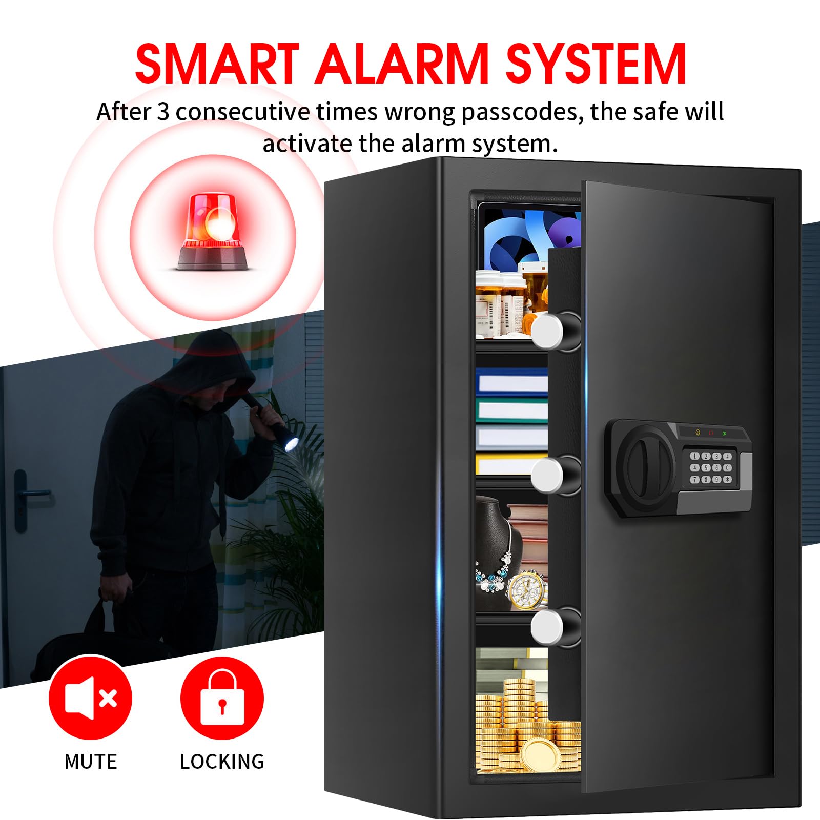 Grande cassaforte per la casa con tastiera digitale e serratura a chiave, cassaforte di sicurezza con 3 ripiani rimovibili, scatola di sicurezza anti-leva per denaro, documenti, gioielli
