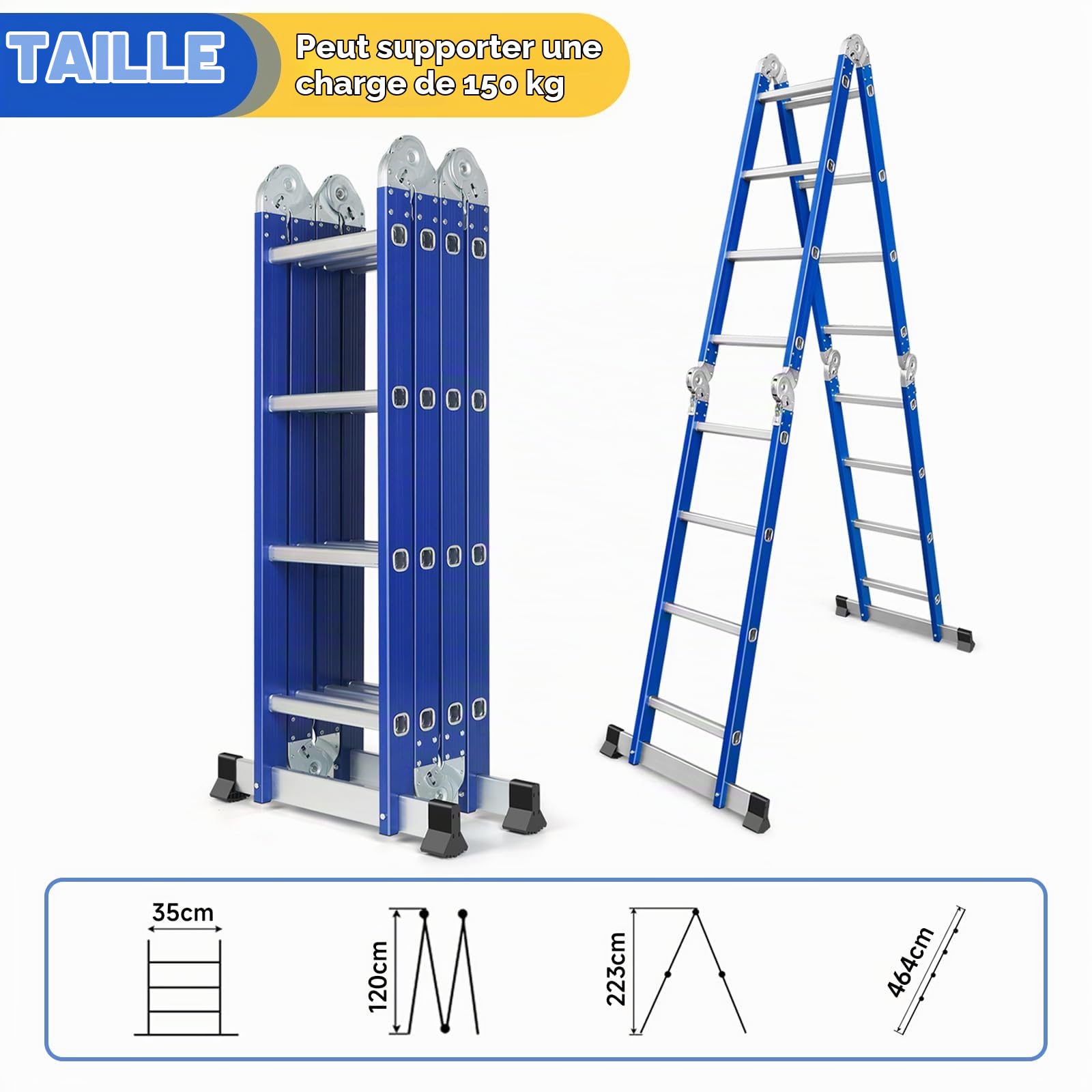 Échelle Multifonction en Aluminium 6 en 1 Bleu | 4 x 4 Marches, Echelle Pliante 464 cm sans Plateforme, Échelle Polyvalente, Escabeau Pliable, Charge Maximale 150 kg