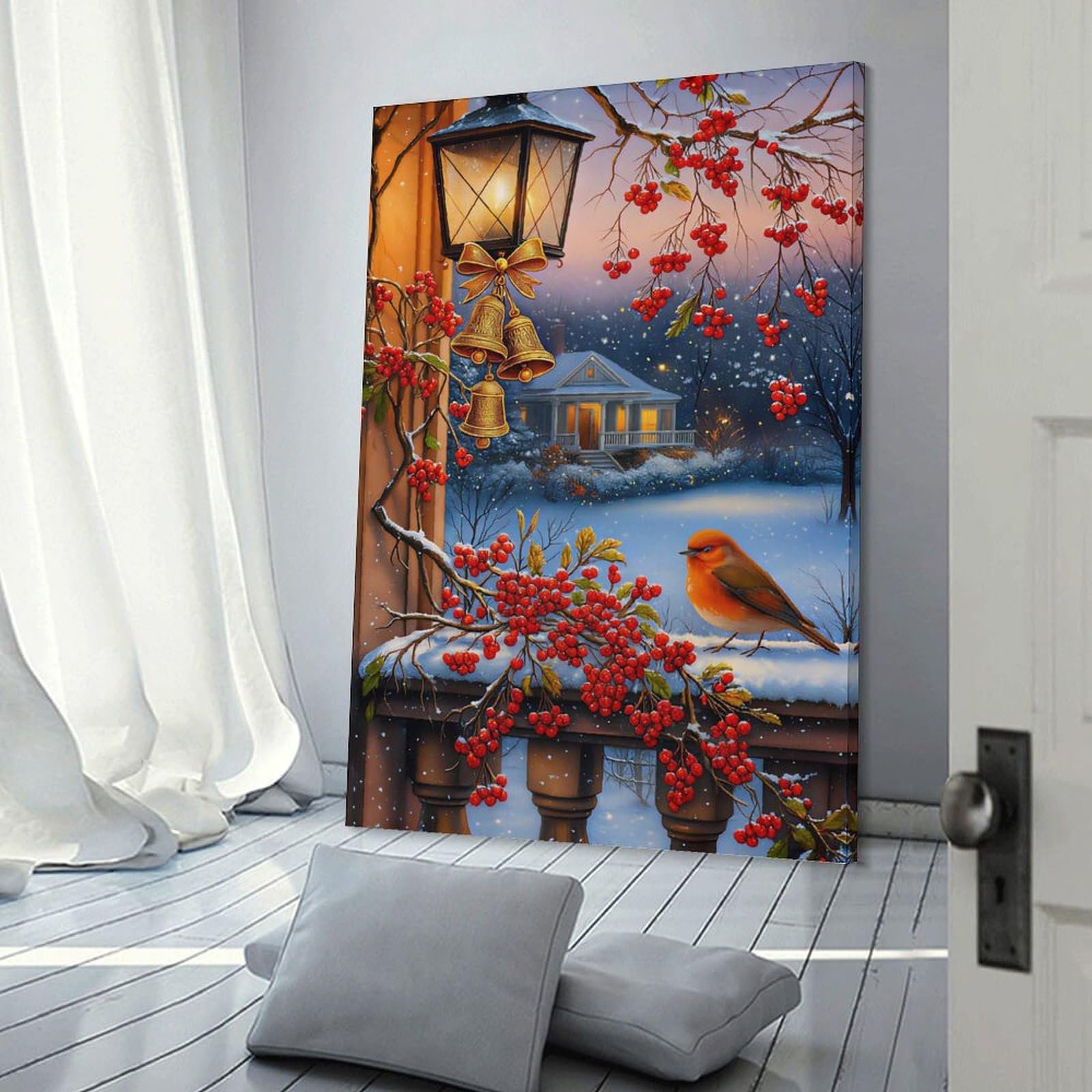 Junmoney Frame-Style-5 Hanging Wall Art Winter Berries And Bird Scene, 08X12inch(20X30cm), For Small Homes, Bedrooms Or Open Spaces, Wall Decor With Flexible Room Appeal