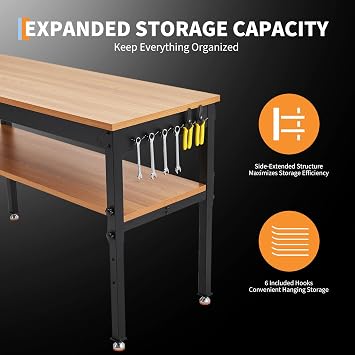 48 Work Bench with Storage Shelf, 2500 LBS Adjustable Height Workbench, 48 x 24 Work Benches for Garage, Tool Bench with Power Outlet for Workshop & Home