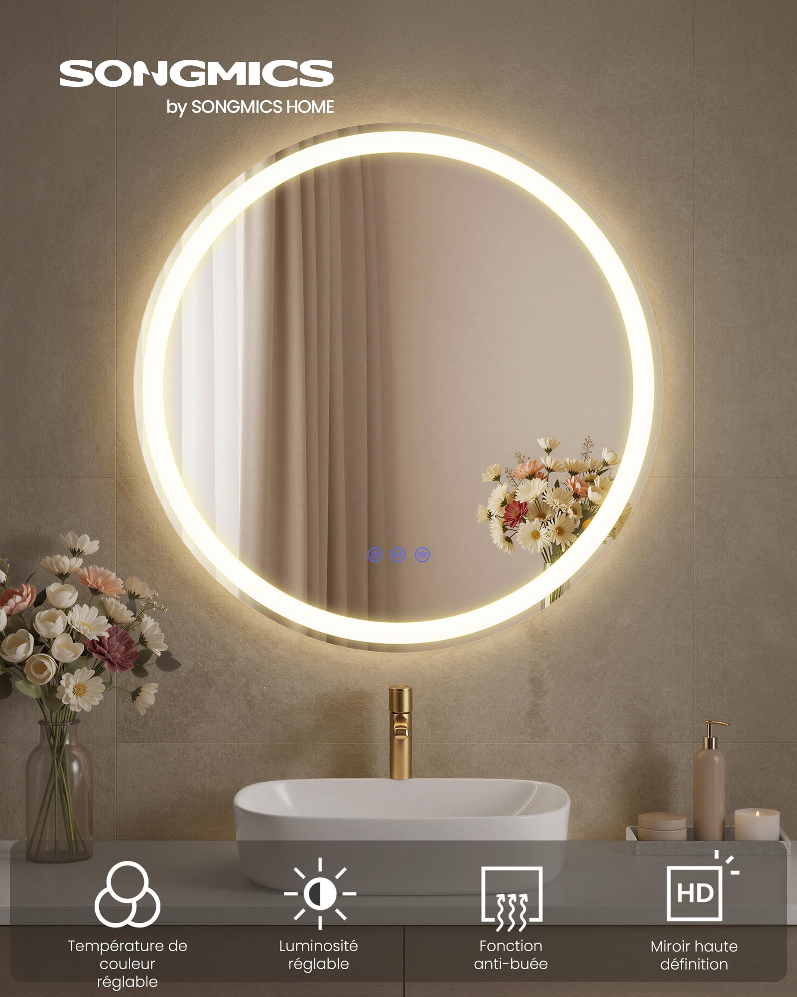 SONGMICS Miroir de Salle de Bain avec Éclairage, Miroir Mural Rond, Anti-buée, Température et Luminosité Réglables, pour Coiffeuse, Chambre, 61 cm, Blanc Nuage LWM211WC02