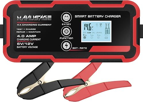 4-Amp Fully-Automatic Smart Charger, 6V and 12V Portable Automotive Car Battery Charger, Battery Maintainer, Trickle Charger,Battery Desulfator with Temperature Compensation, AGM,Deep Cycle