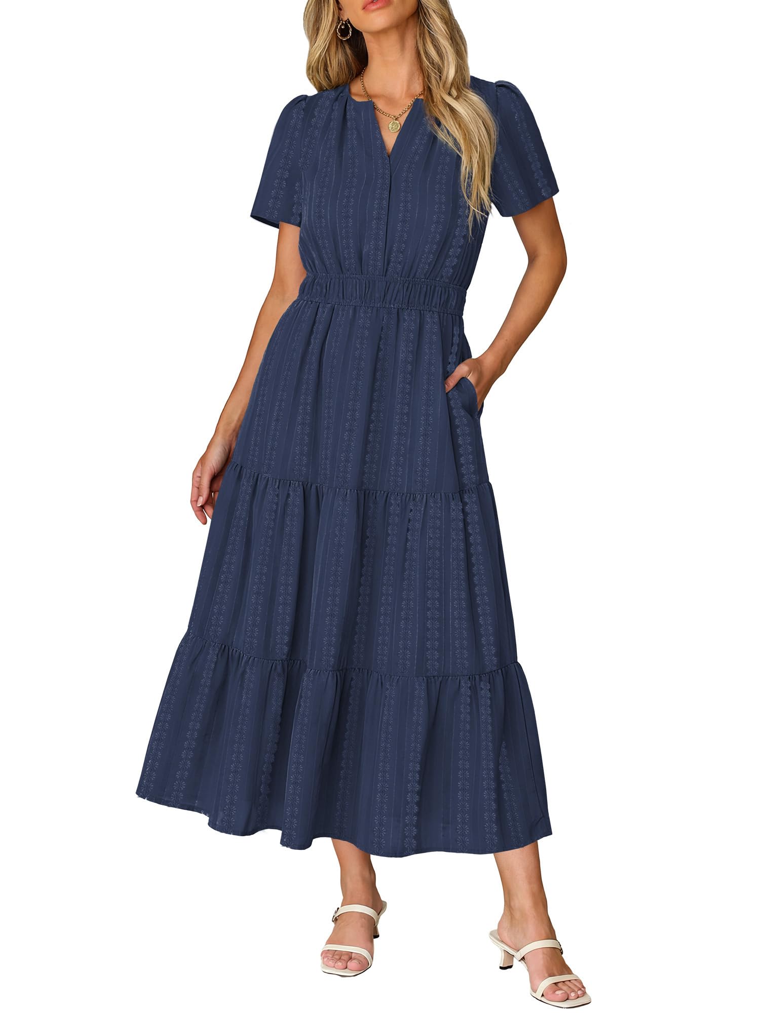 RUMIA Women Casual Midi Maxi Dresses Short Sleeve V Neck Elastic Waist Vacation Dress Pockets(S-2XL