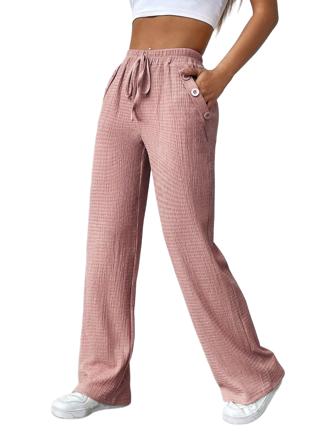 WROLEM Womens Casual Pants Palazzo Wide Leg Drawstring Elastic High Waisted Lounge Lightweight Dressy Trousers with Pockets