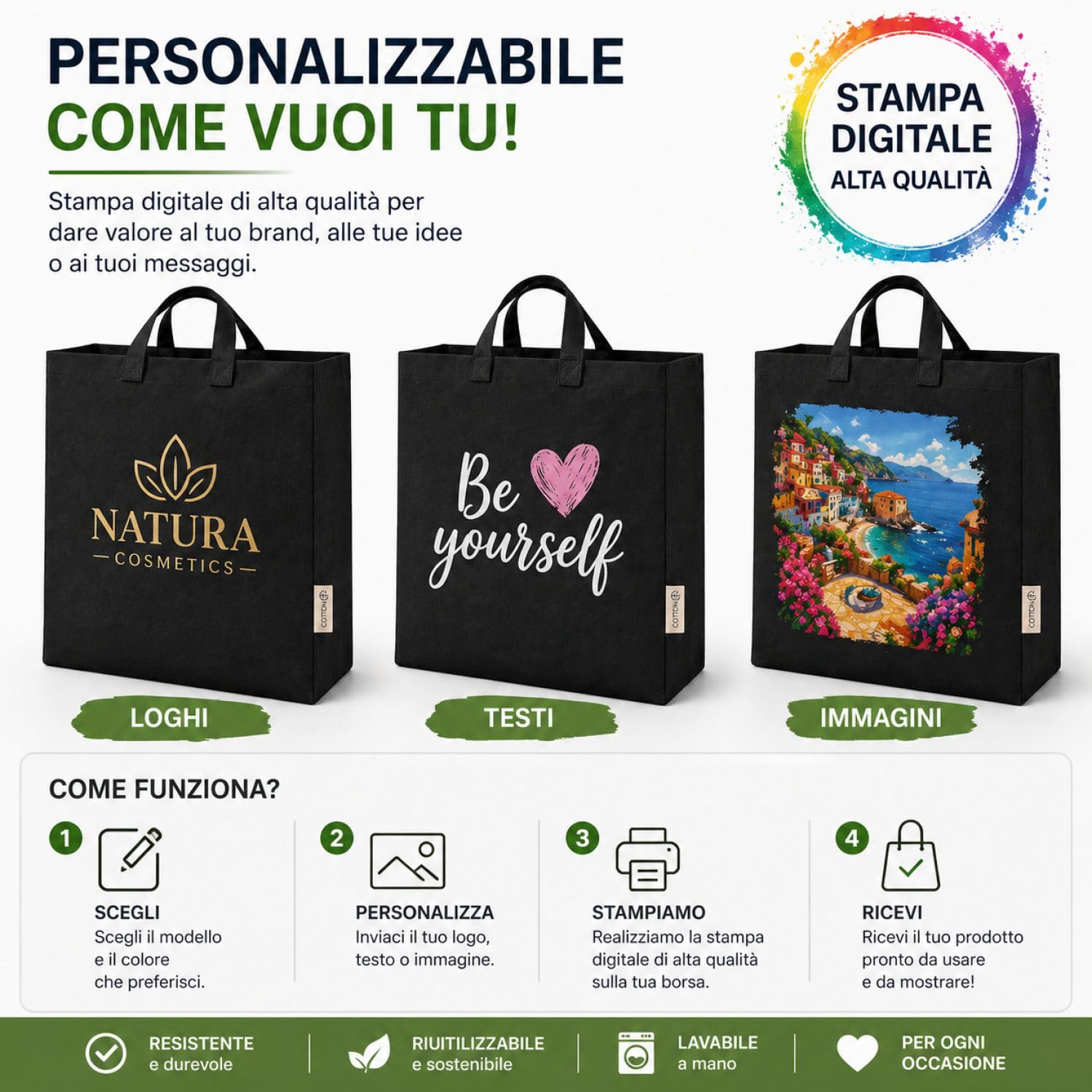 VENEZIANO Shopper personalizzata Canvas 220gsm 40x35x12 cm con Soffietto e Manici Lunghi – Shopper Resistente Riutilizzabile – Personalizzabile per Stampa, Gadget e Uso Quotidiano