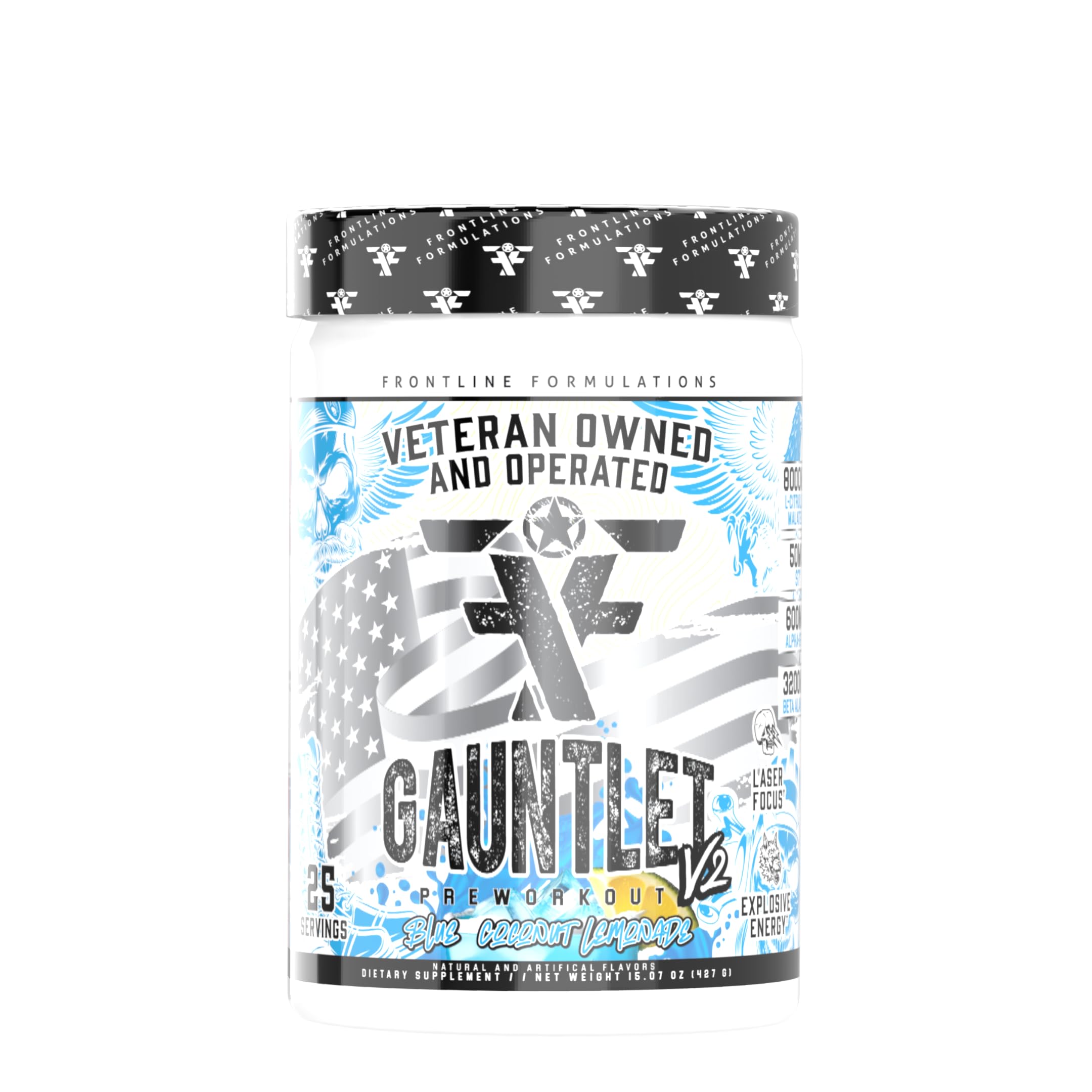 FRONTLINE FORMULATIONS Gauntlet Pre-Workout Powder, Explosive Workouts, Laser Focus, Mid Stim, Amazing Flavor, Veteran Owned and Operated (25 Servings, Blue Coconut Lemonade)