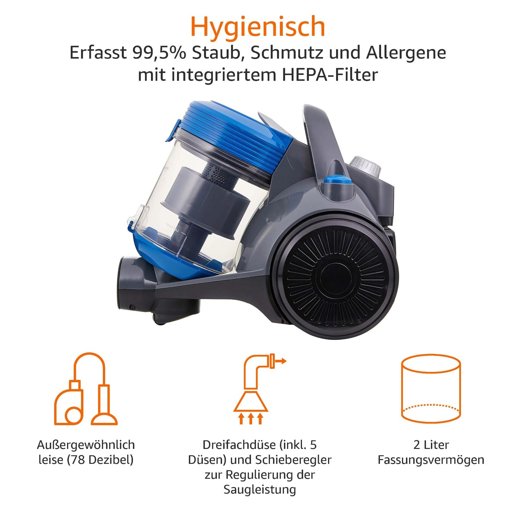 Amazon Basics Leistungsstarker Beutelloser Staubsauger, inklusive Staub- und Fugendüse, Schwarz und Blau