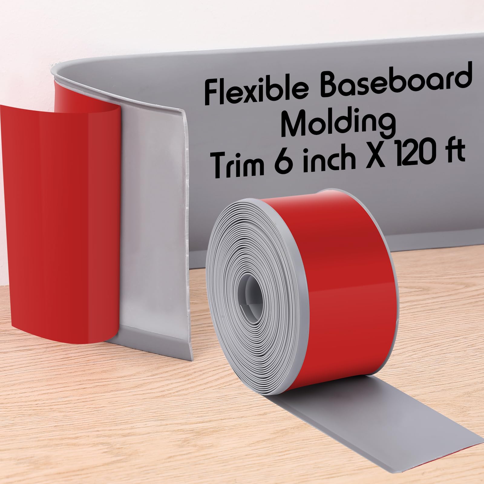 Frienda Vinyl Wall Base Baseboard Molding Trim 120 ft x 6 Inch Peel and Stick Adhesive Back Self Adhesive Rubber Gray Vinyl Wall Base