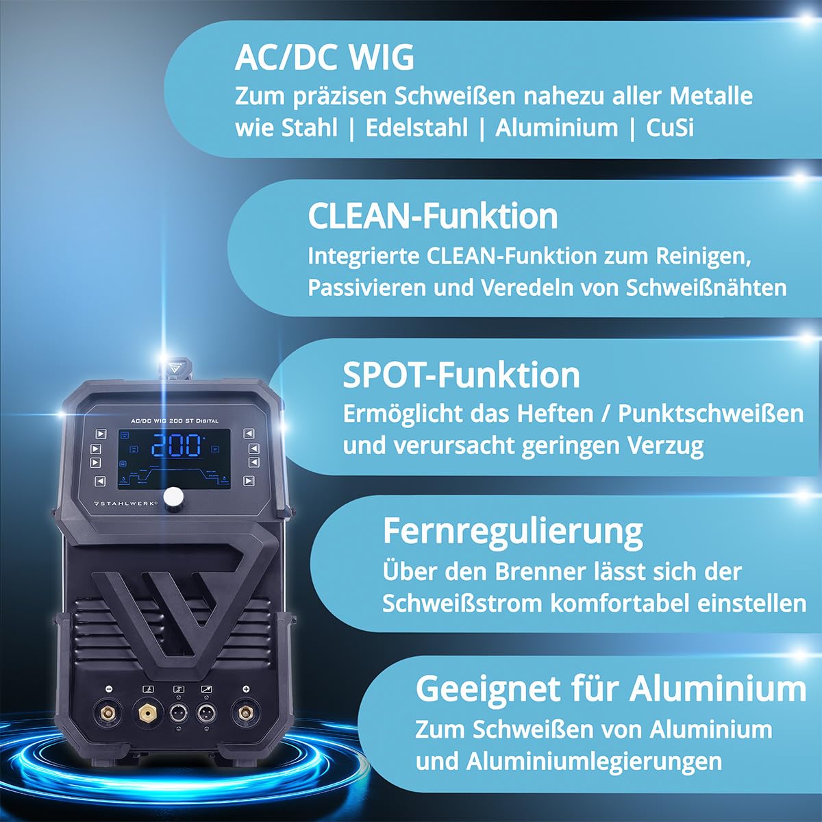 STAHLWERK Schutzgasschweißgerät 3-in-1 Kombi AC/DC WIG 200 ST Digital – WIG & MMA (E-Hand/ARC) bis 200 A, Clean-Modus zur elektrochemischen Reinigung von Edelstahlschweißnähten, HF-Zündung, Spot
