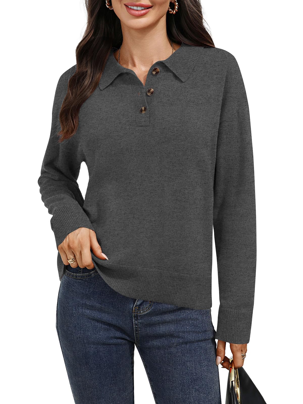 Womens Merino Wool Sweater 100 Wool Polo Cropped Collar Button up Ribbed Long Sleeve Pullover Jumper