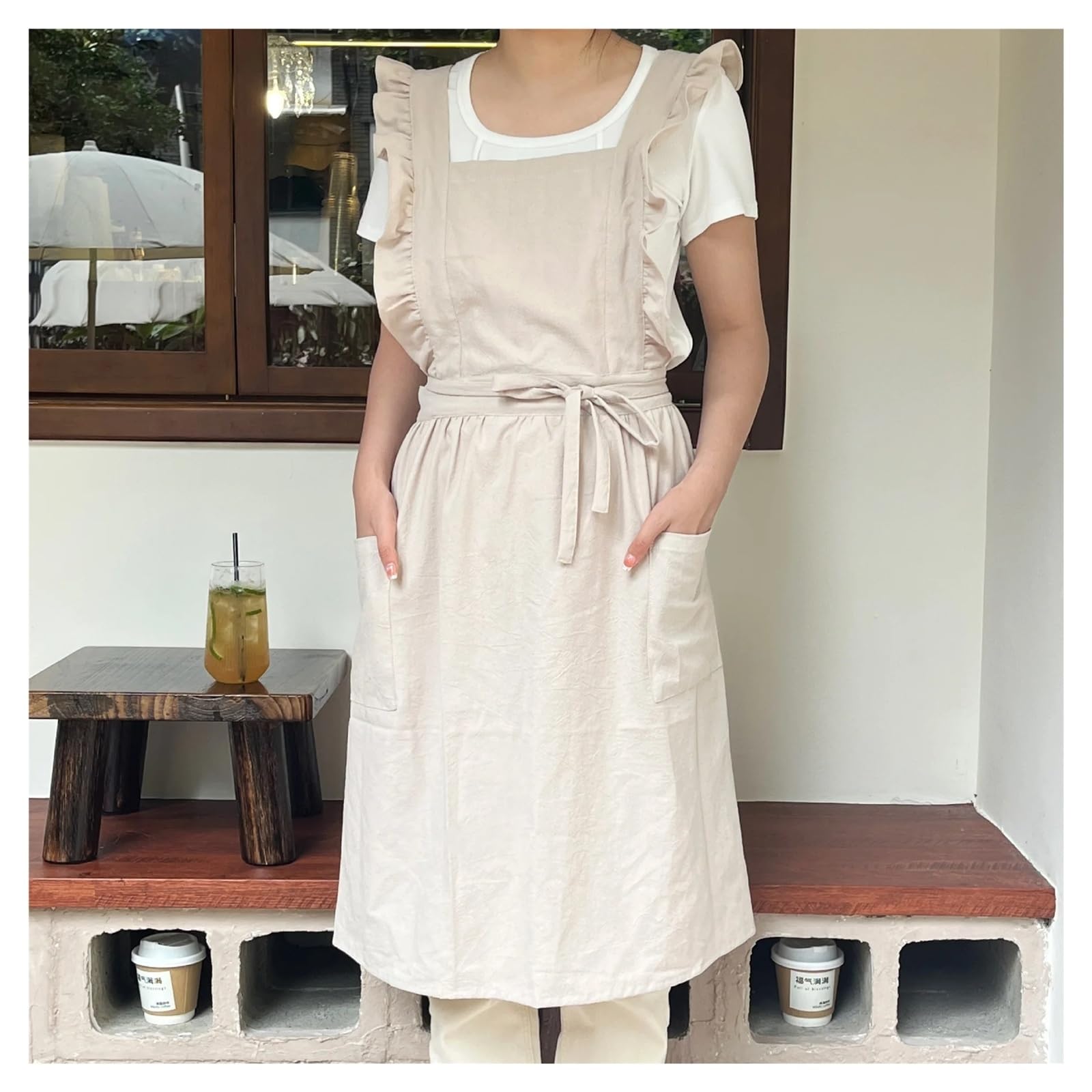 Schürze Herren Baumwoll-Leinen-Schürze for Damen, gekreuzte Rückseite, Küchen- und Kochschürzen mit Taschen, Vintage-Schürze for Backen, Gärtnern, Arbeiten, Trägerkleid