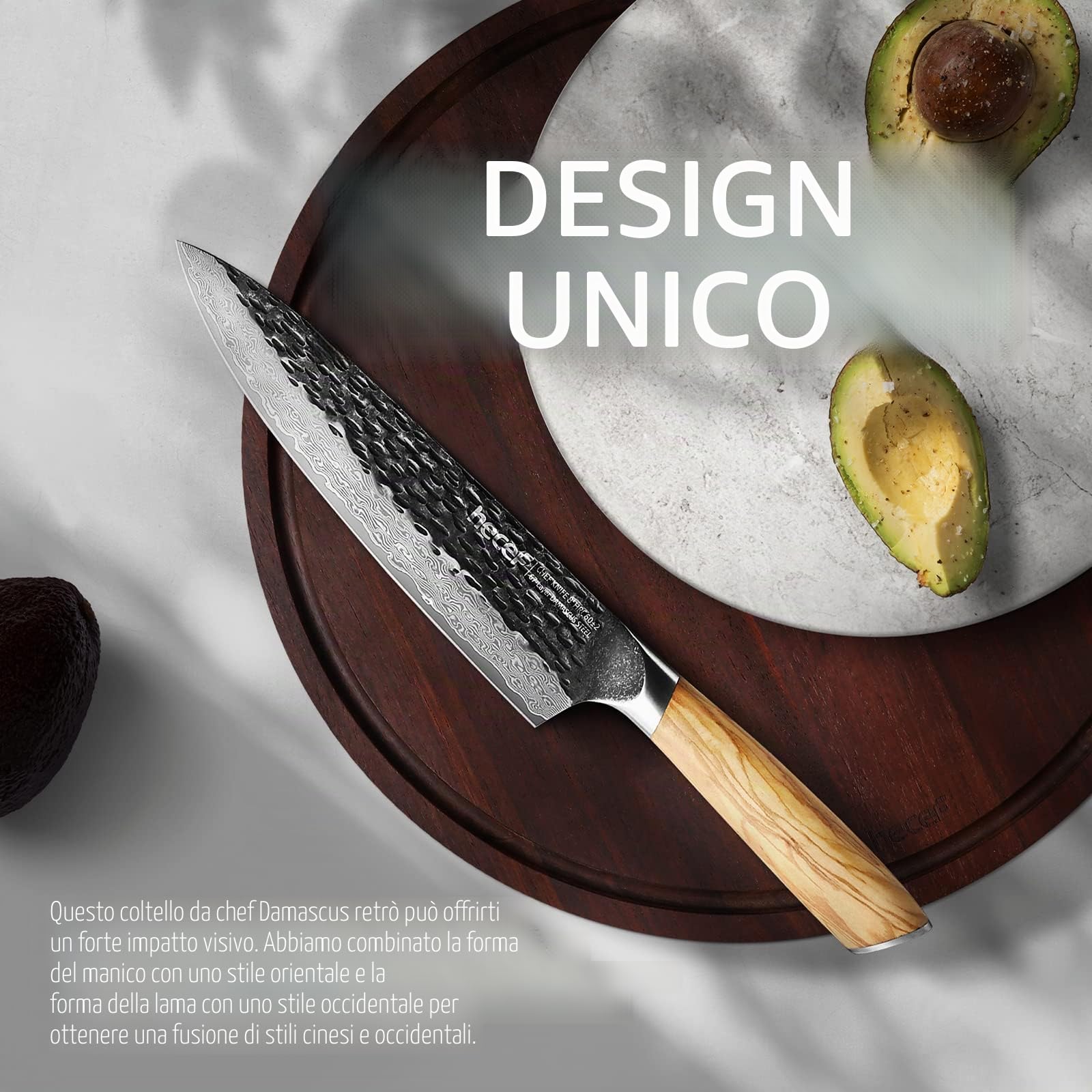 hecef Coltello da Cucina Damasco 20 cm con Manico in Legno d'Ulivo | Coltello giapponese professionale, coltello chef in 67 strati di acciaio Damasco, per frutta, verdure e cucina di casa