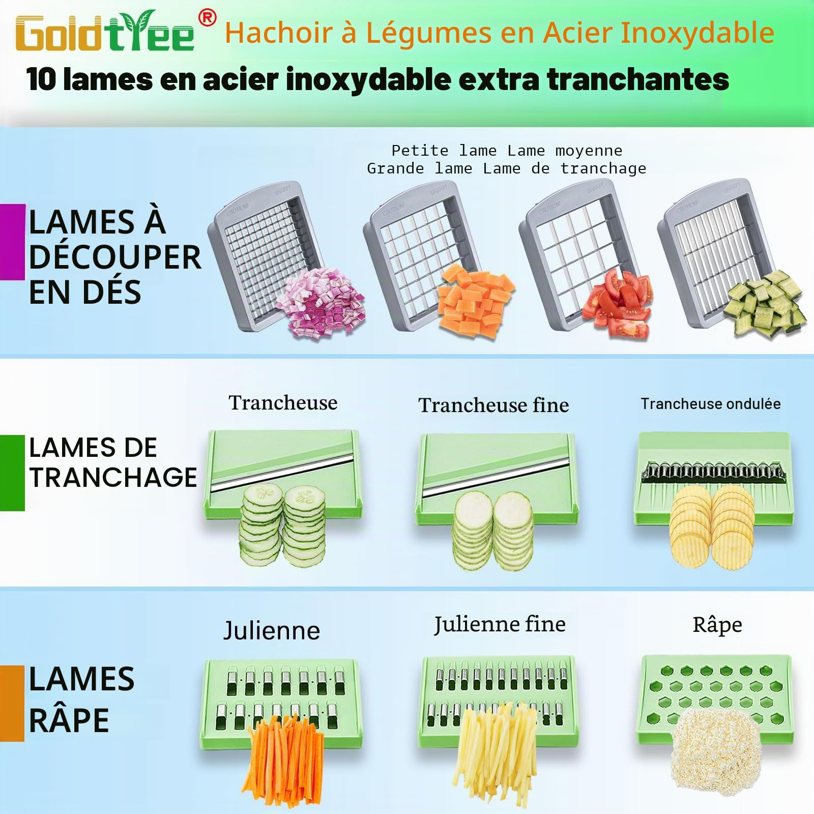 Hachoir à légumes, hachoir à légumes avec 10 lames, coupe-oignons avec récipient, coupe-légumes professionnel tout-en-un (10 lames)