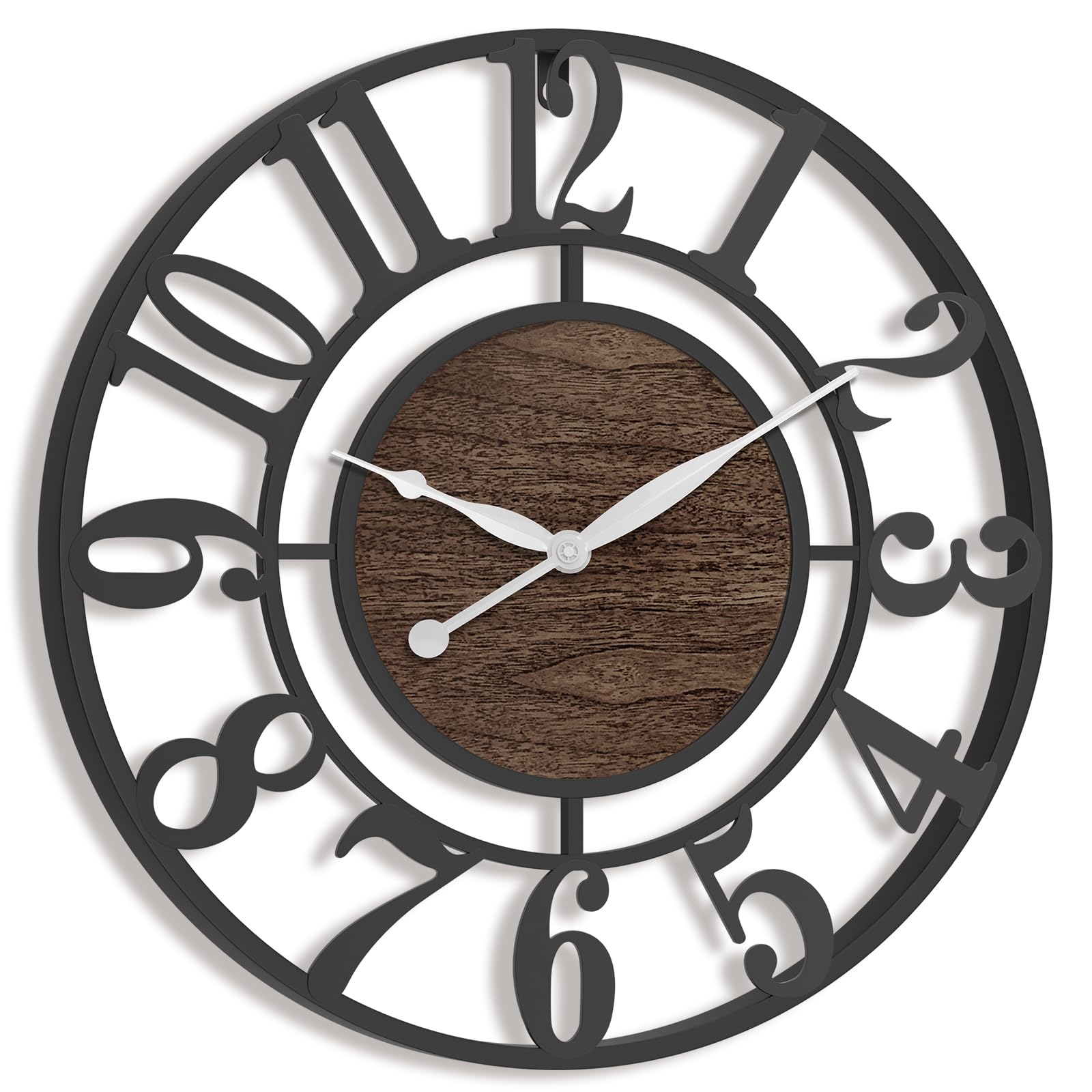 Pytha Sight Large Wall Clock for Living Room,60cm Black Skeleton Modern Big Silent Vintage Walnut Wood Arabic Numerals Wall Clocks for Kitchen,Bedroom, Office, Fireplace, Classroom Home Decor