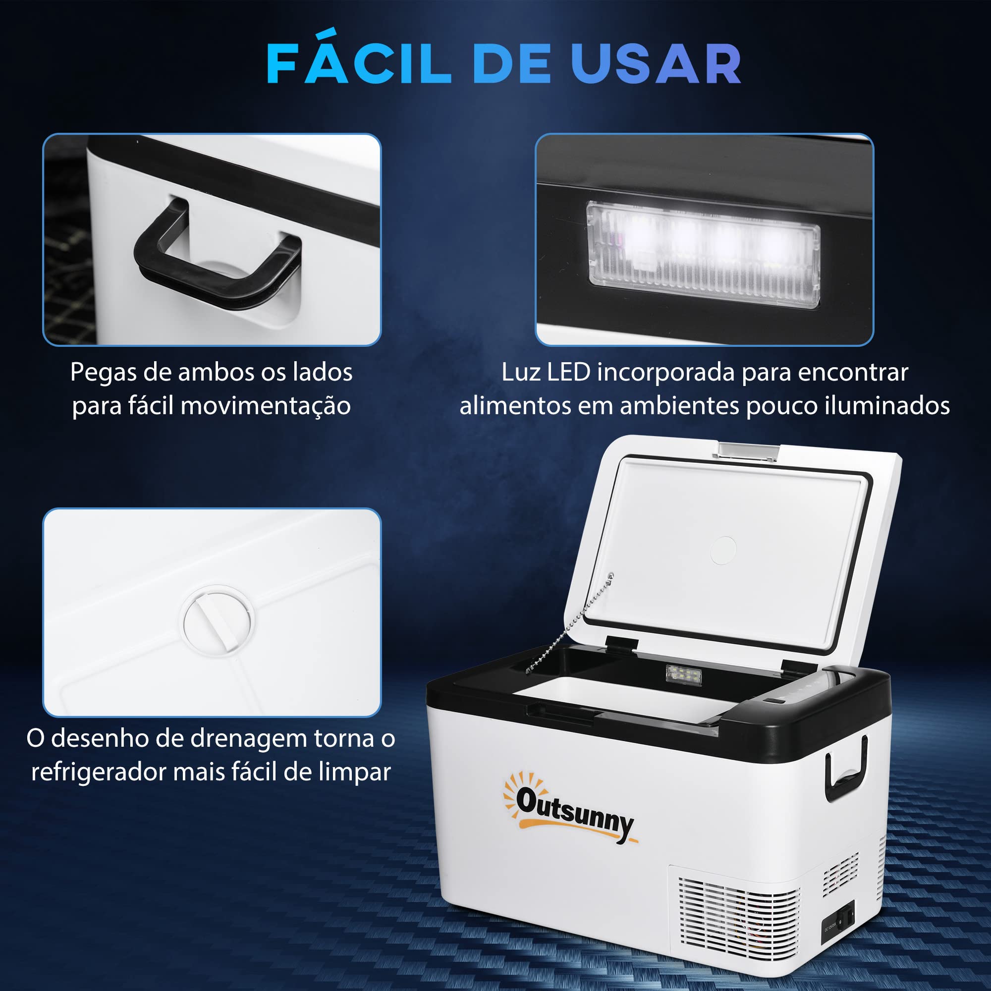 Outsunny Nevera Portátil Eléctrica 25L 12/24V hasta -20℃ Nevera y Congelador de Compresor para Coche con Luz LED y Asas Plegables Bajo Consumo Energético para Hogar Camping 58,5x33,5x35,2 cm Blanco