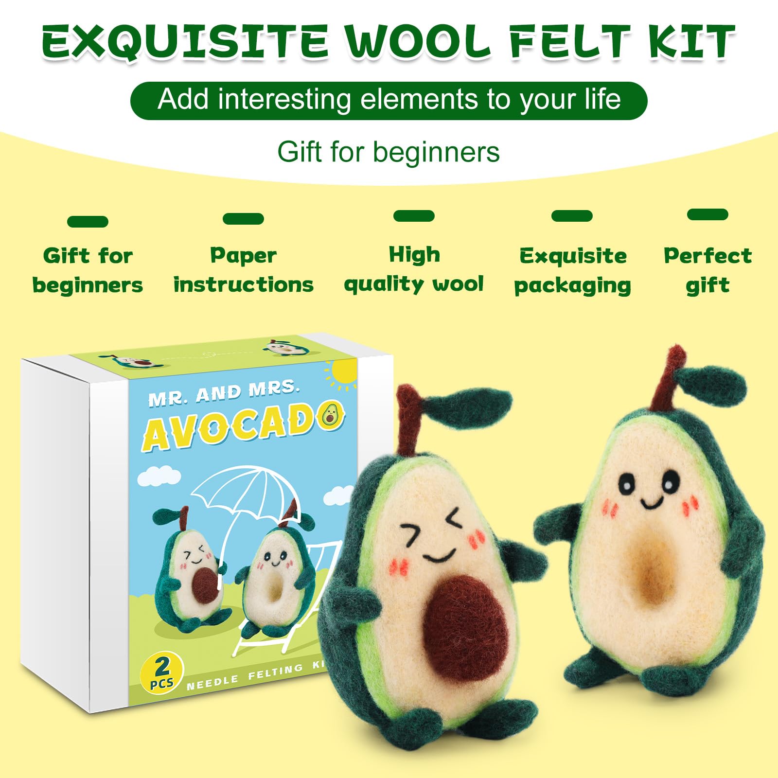 OEHPICC Kit de fieltro de aguja de aguacate, kit de inicio de fieltro de aguja, kit de fieltro de agujas con herramientas básicas de fieltro e instrucciones para principiantes de fieltro
