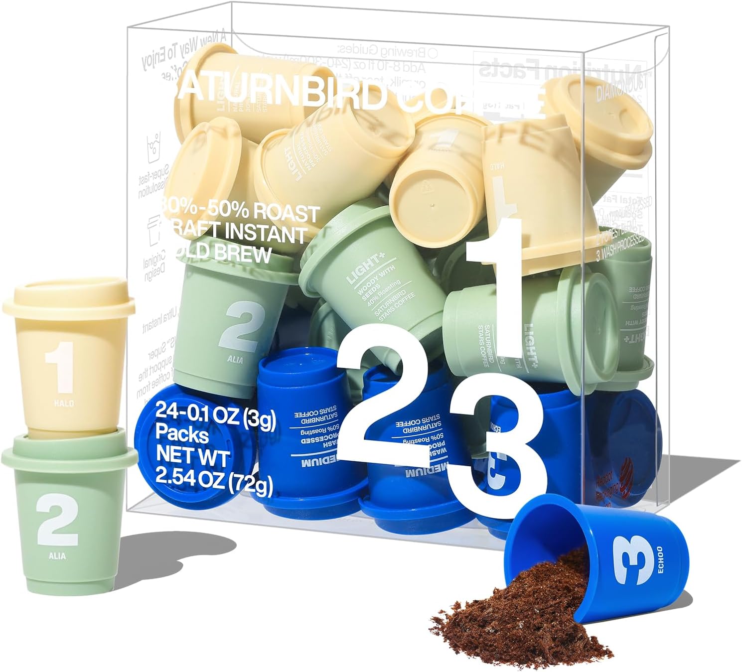 Saturnbird Super Instant Coffee Pods, Specialty Cold Brew Freeze-dried Coffee, No.1-3 Light/Medium Roast, 100% Arabica, Brew with Hot/Cold Water or Milk, 24 Single-Serve Packets