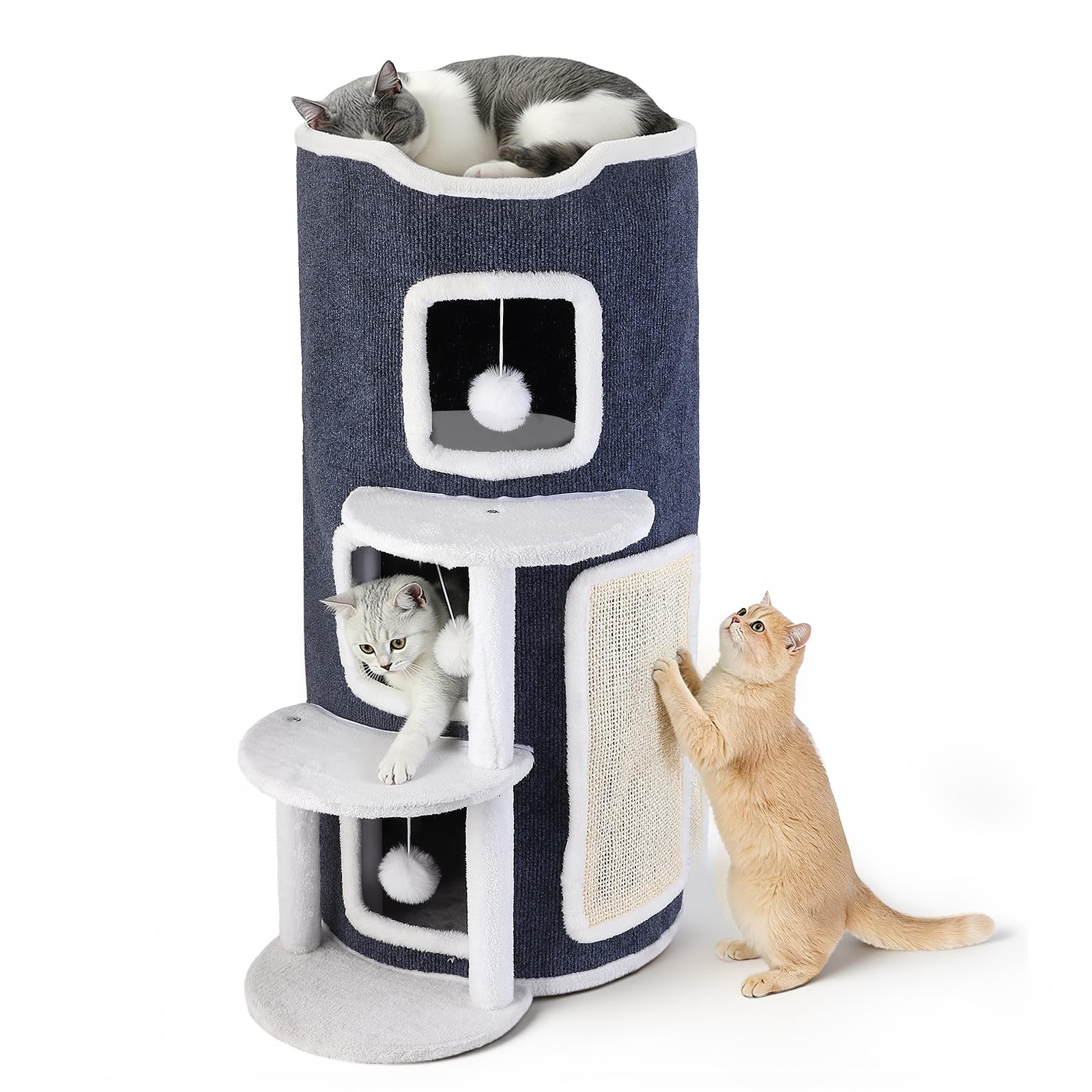 Cueva para Gatos de 4 Niveles, casa para Gatos con Tabla y Plataforma rascadora, 3 Cuevas + Plataforma de observación con 2 Plataformas de transición, Cubo para Gatos con Pelota de Juego, Estable y