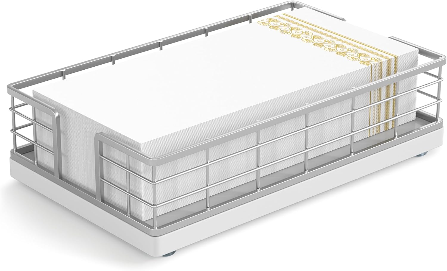 Wican Guest Towel Holder Tray for Bathroom, Oak and Iron Napkins Holder for Powder Room Dinning Table Wooden Basket for Disposable Paper Hand Towels Silvery and White Silvery and White 9.06 x 5.51 x 2.56 inchs