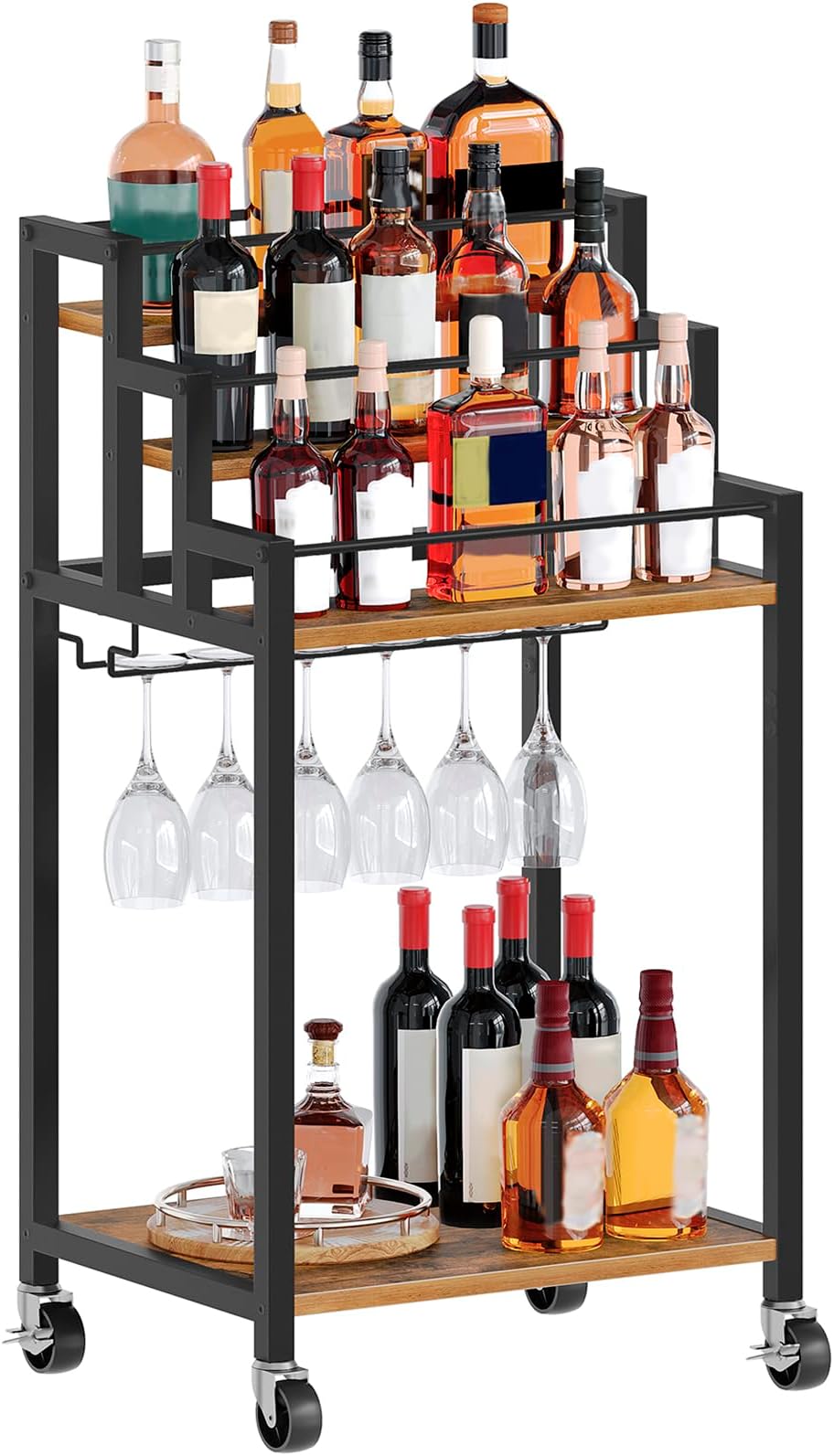 YATINEY Bar Cart, 3 Tier Home Bar Serving Cart with Wine Rack, Small Bar Cart with Wheels, Modern Rolling Beverage Cart, for Home Kitchen Small Spaces, Rustic Brown BC08BR