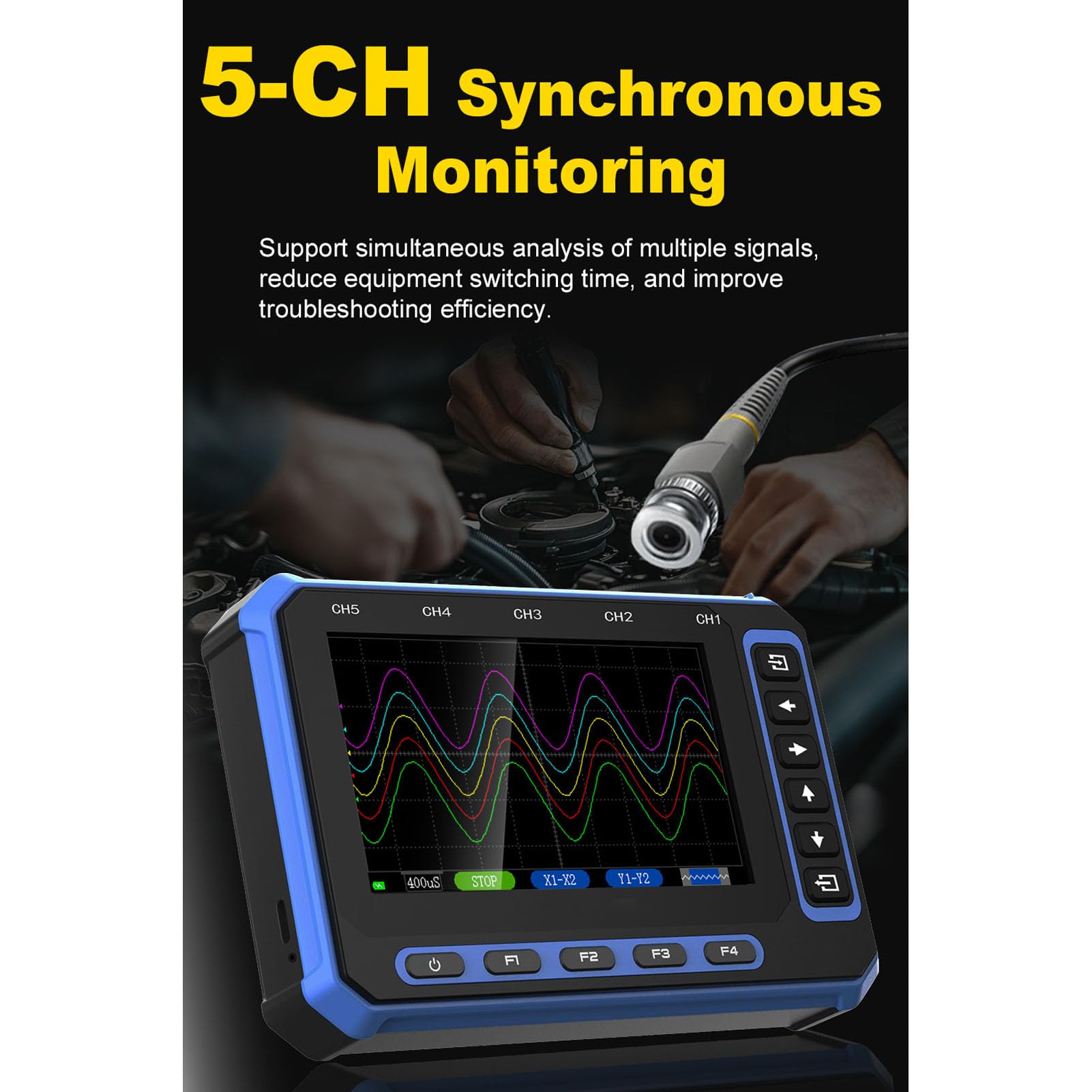 Dpofirs Osciloscopio Digital de 5 Canales, Analizador de Forma de Onda USB de Osciloscopio Portátil con 5 Sondas 10X, Frecuencia de Muestreo de 3 MHz, Ancho de Banda de 1 MHz para Software de PC,