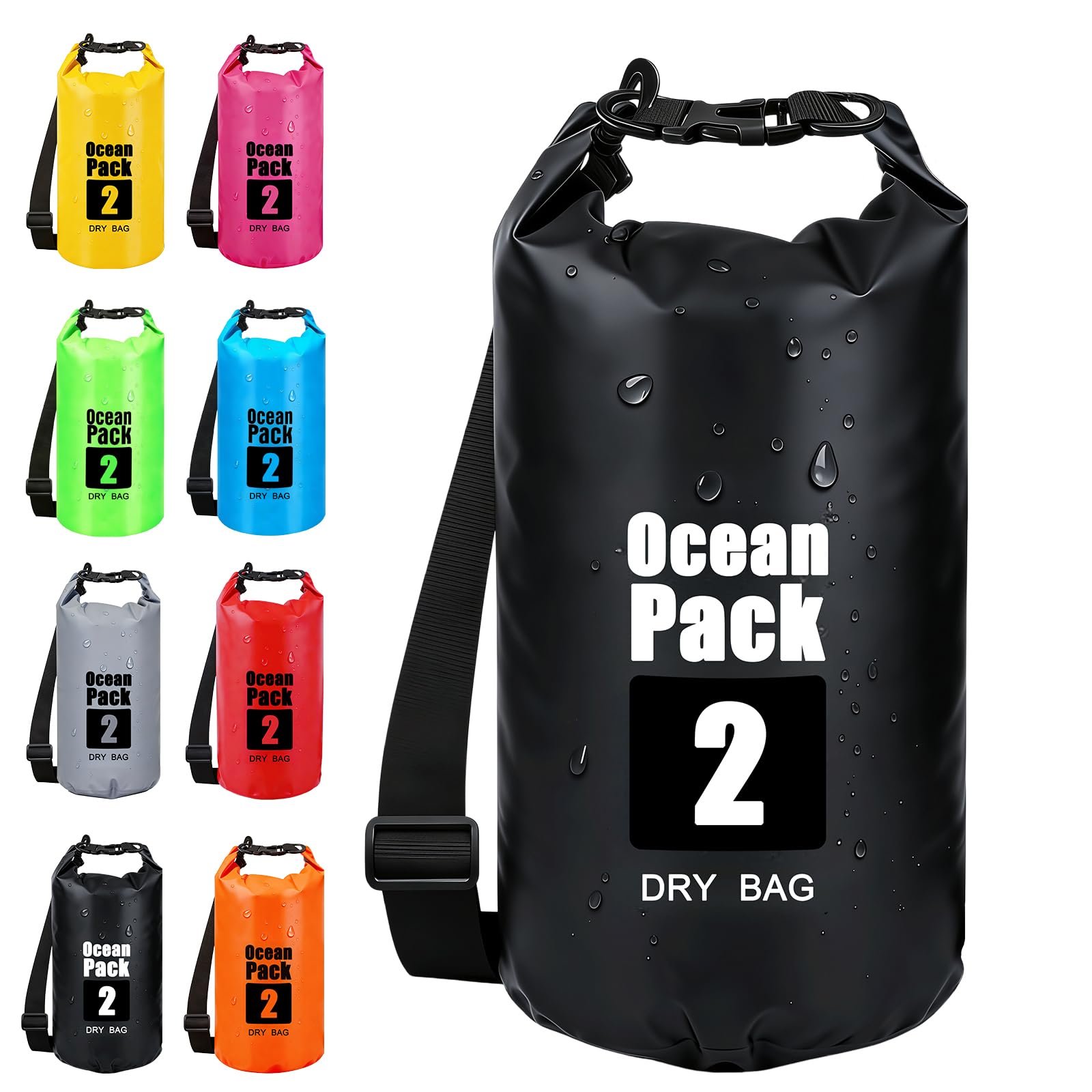 RONGZUBAT 2L Waterproof Dry Bag, Small Roll Top Dry Sack for Phone, Keys and Essentials, Lightweight Waterproof Bag for Kayaking, Paddle Boarding, Beach, Swimming, Camping and Travel - Black
