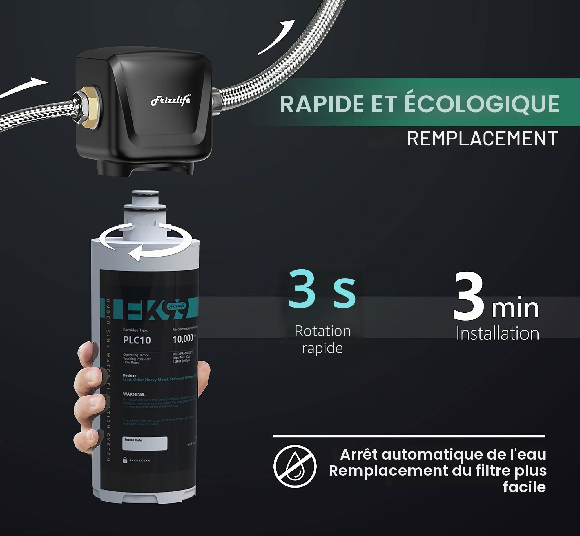 Frizzlife Système de filtre à eau FK99 sous lavabo, certifié NSF/ANSI 53 & 42, élimine 99,99% du chlore, du plomb, mauvais goût et odeurs, 0,5 micron, filtre à eau potable