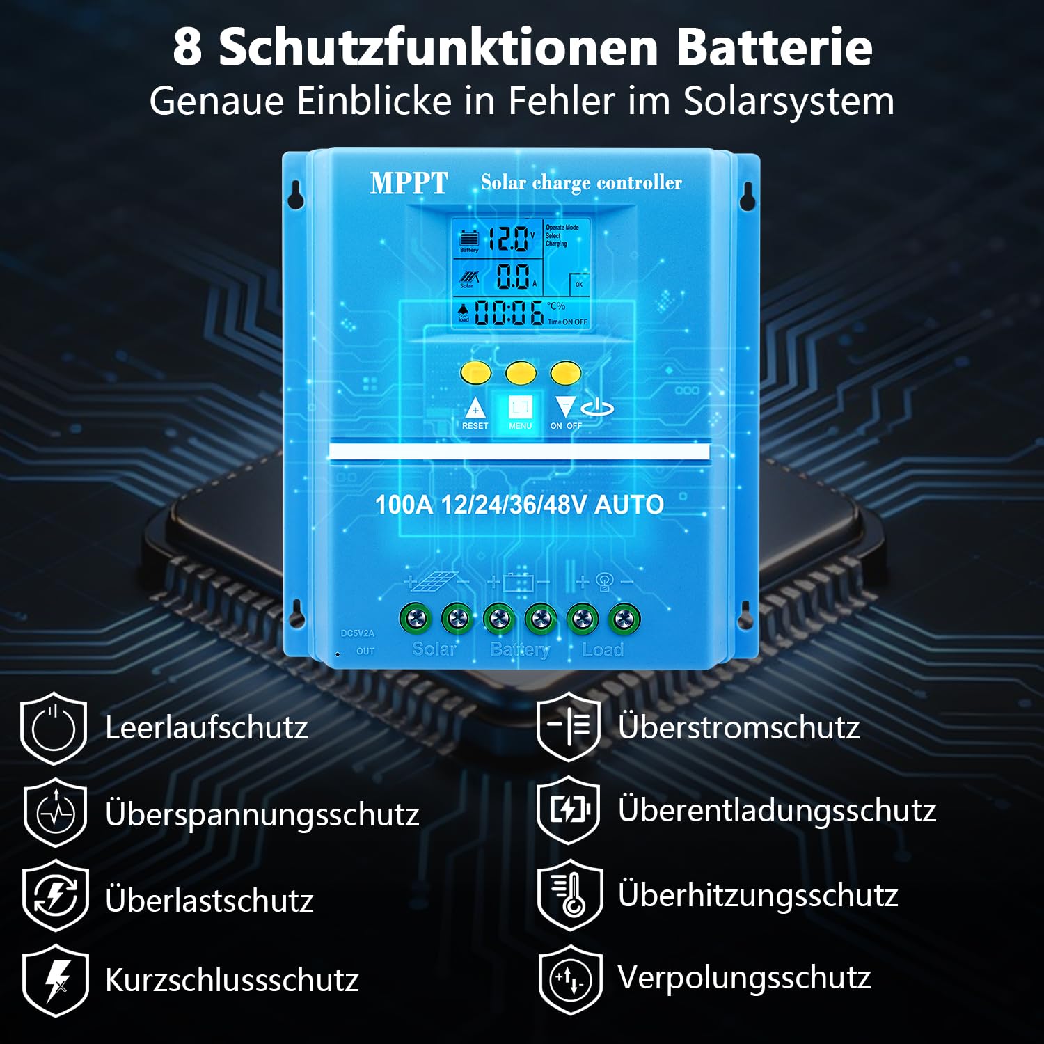 【100A Controlador de Carga Solar】KWODE 100A Regulador de Carga Solar 12V/24V/36V/48V Inteligente Regulador Solar MPPT LCD 2 USB para Gel, Litio, Litio ternario, Silicio, LiFePO4, Plomo-ácido Baterías